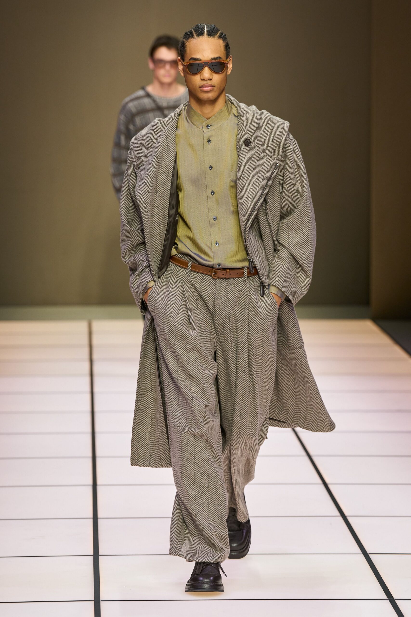 gray wool coat with green shirt
