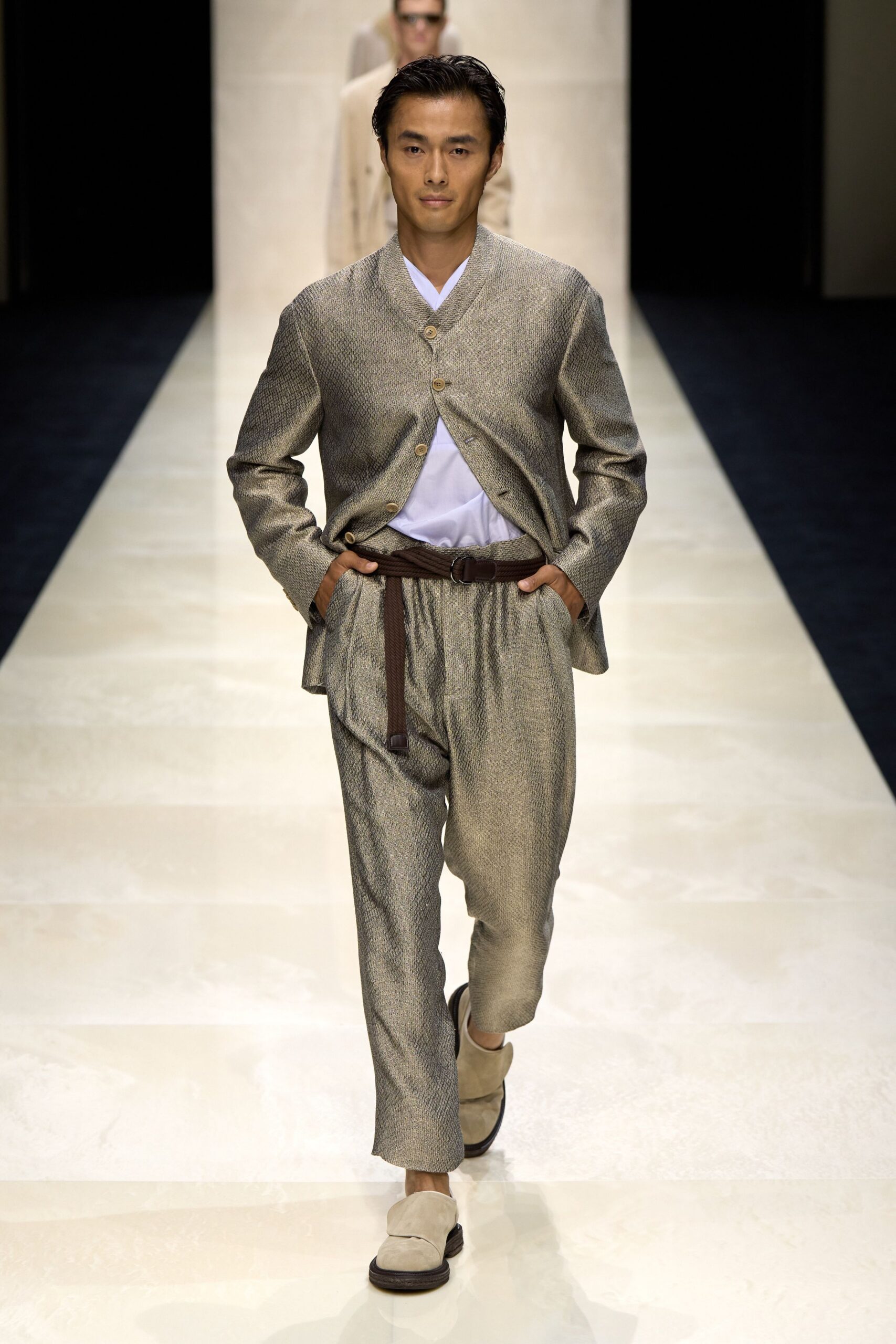 beige relaxed suit with belt