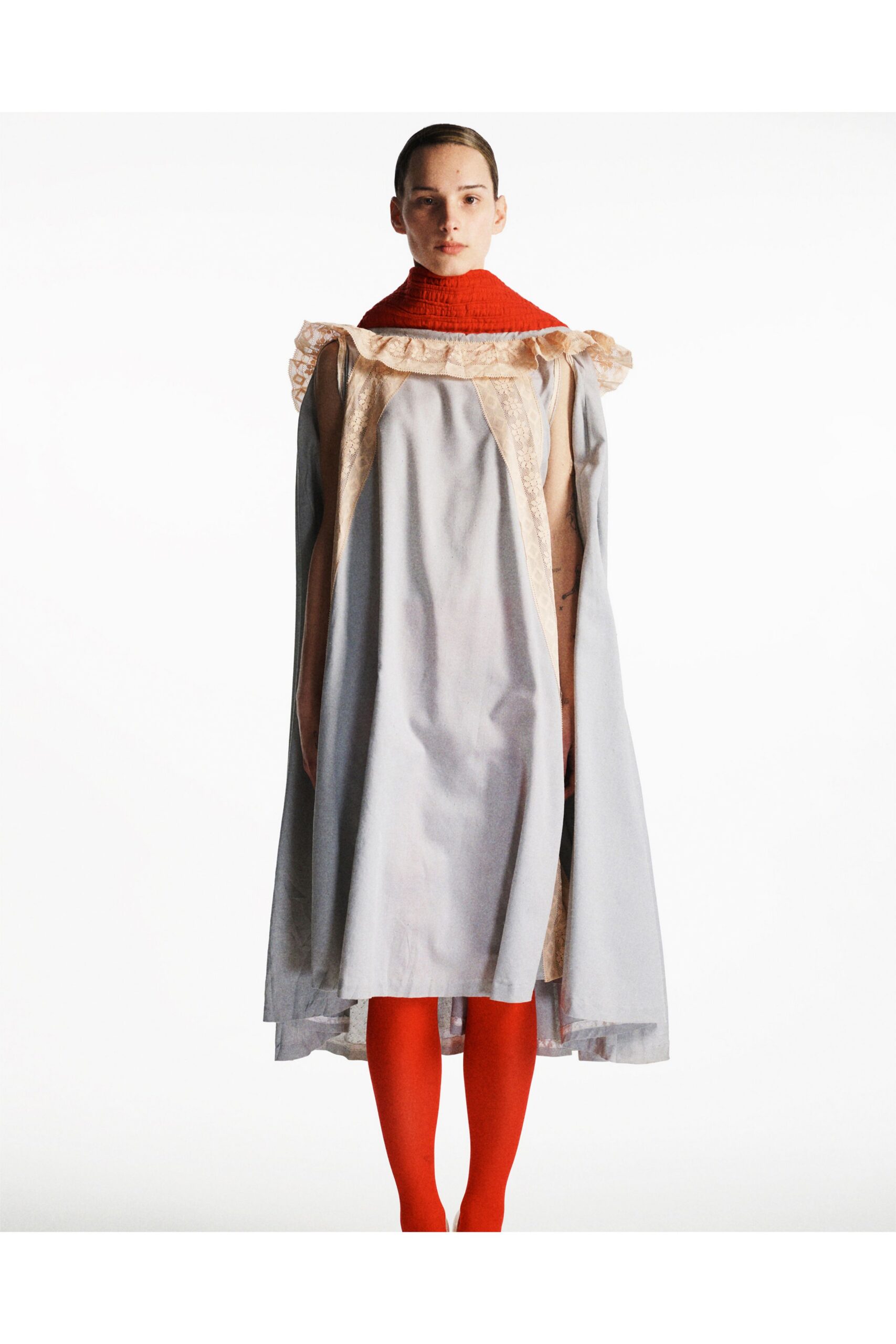 gray cotton sleeveless high-neck relaxed layered ruffled dress