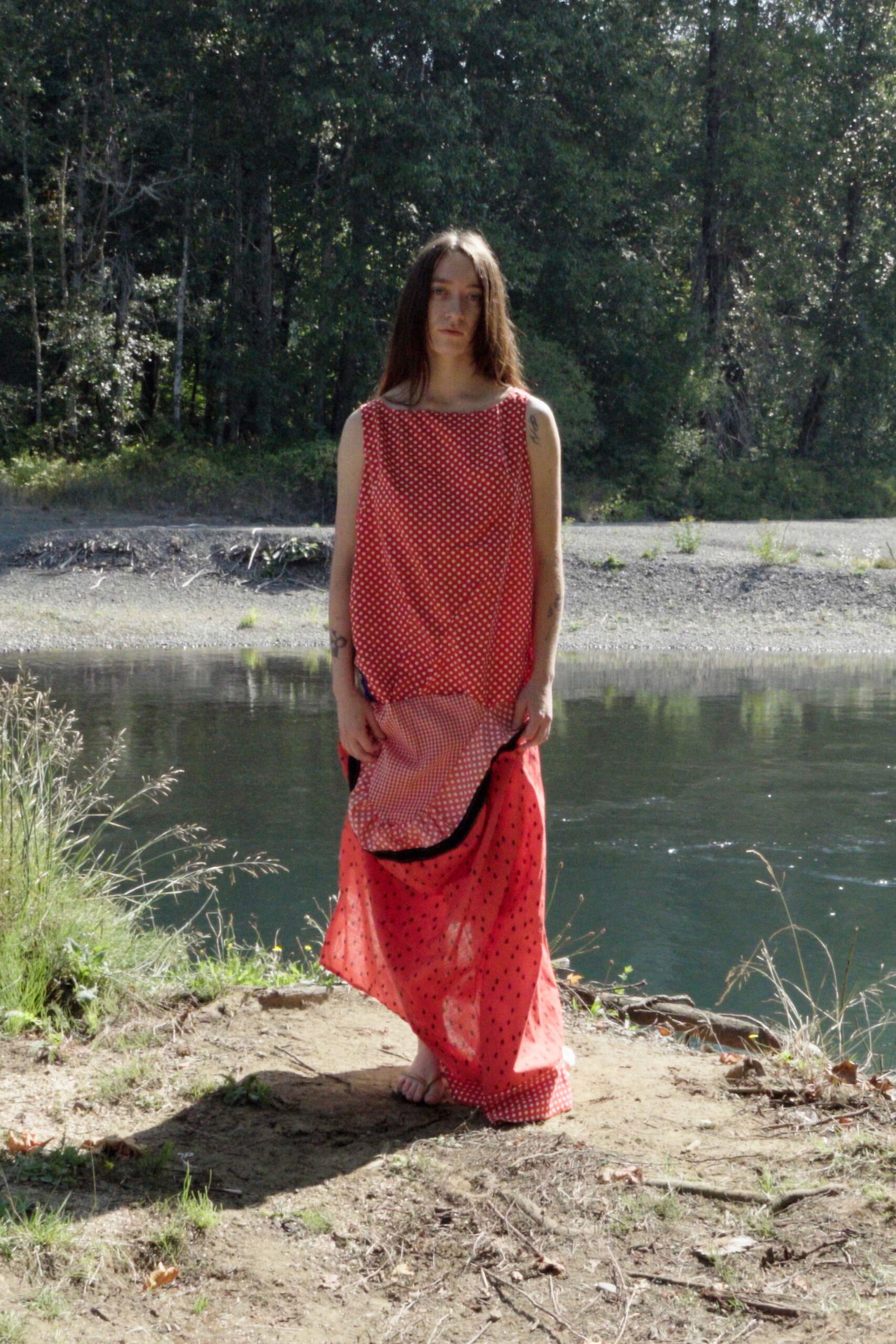 red polka-dot maxi dress with sandals