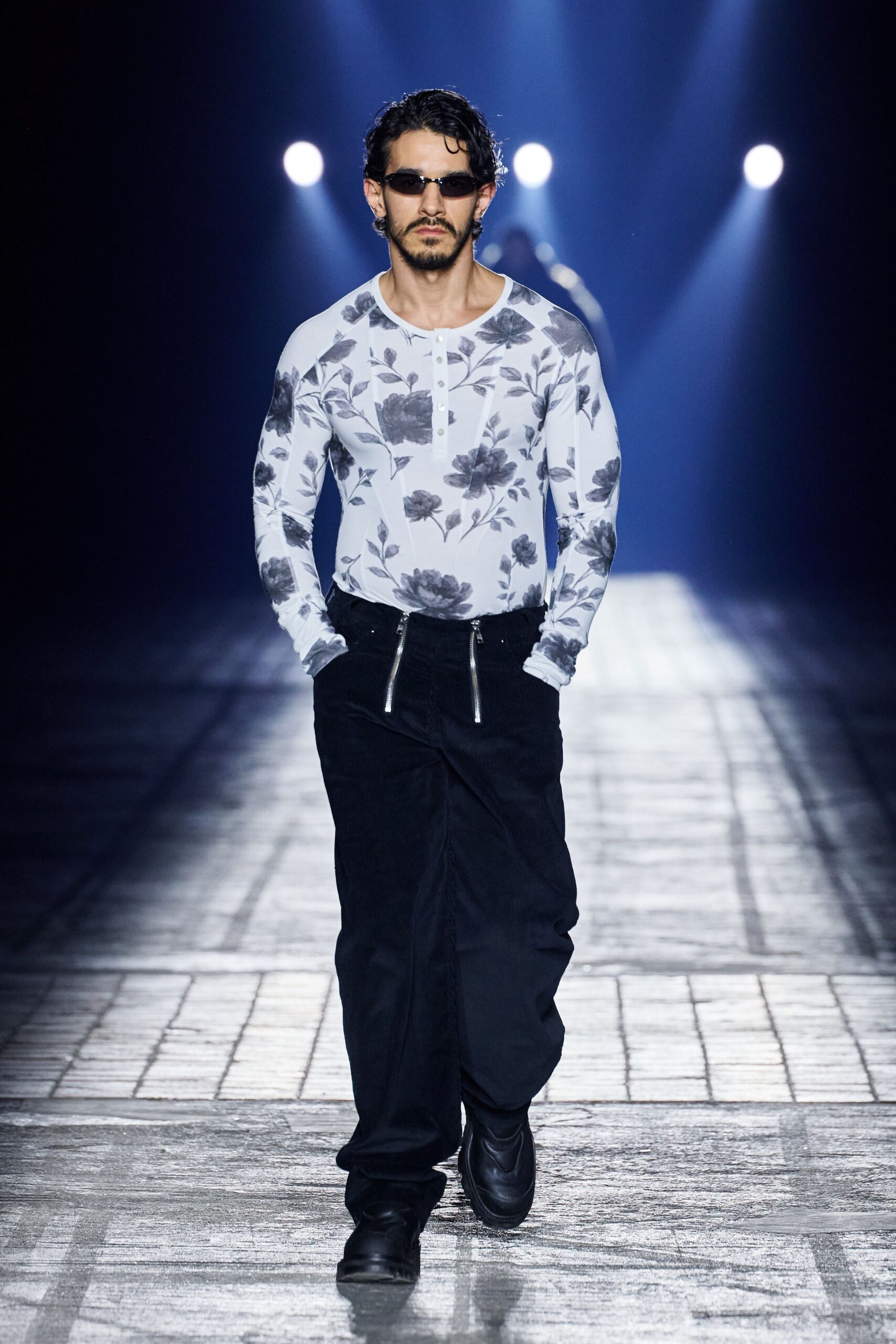 white cotton long-sleeve collared fitted floral shirt