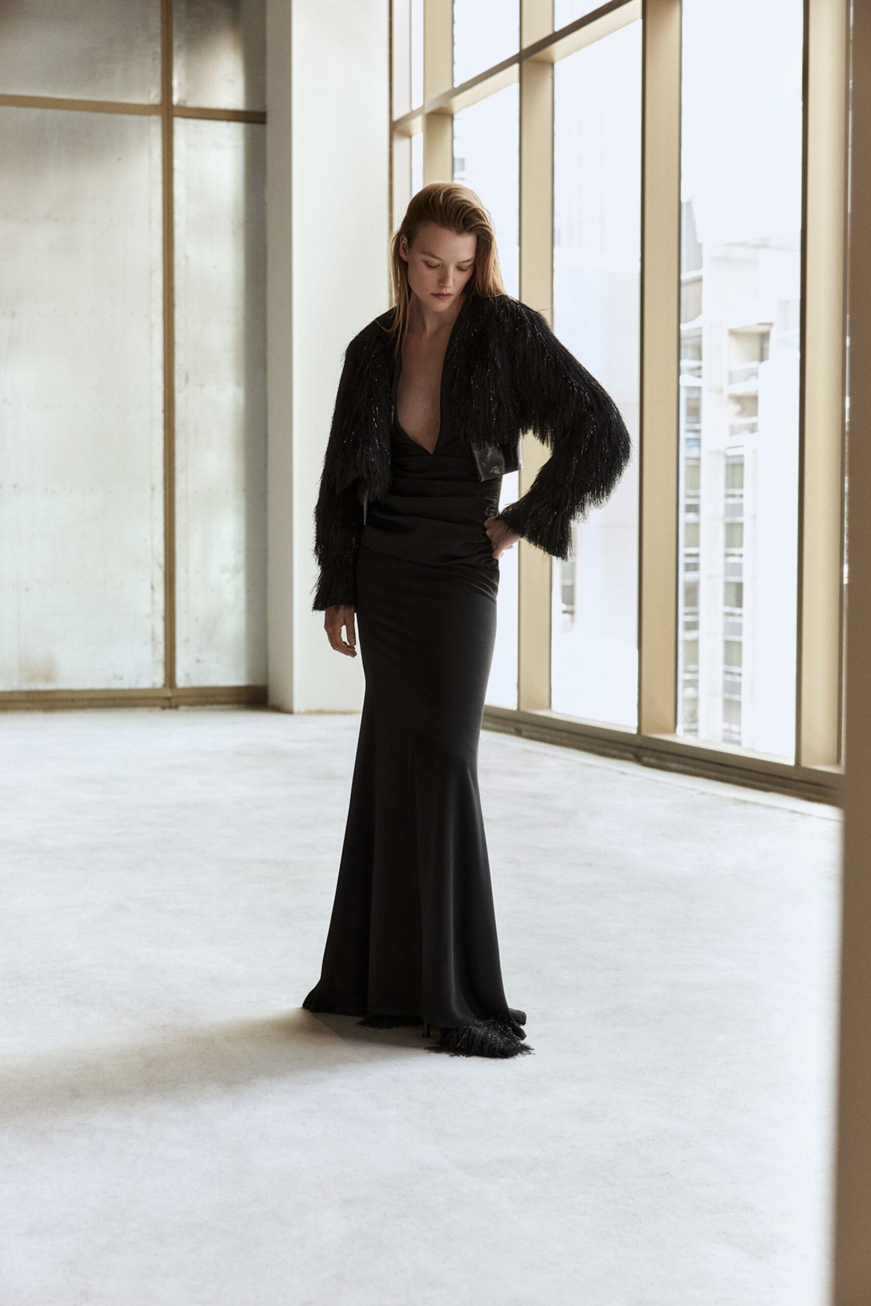 black silk gown with fringed jacket