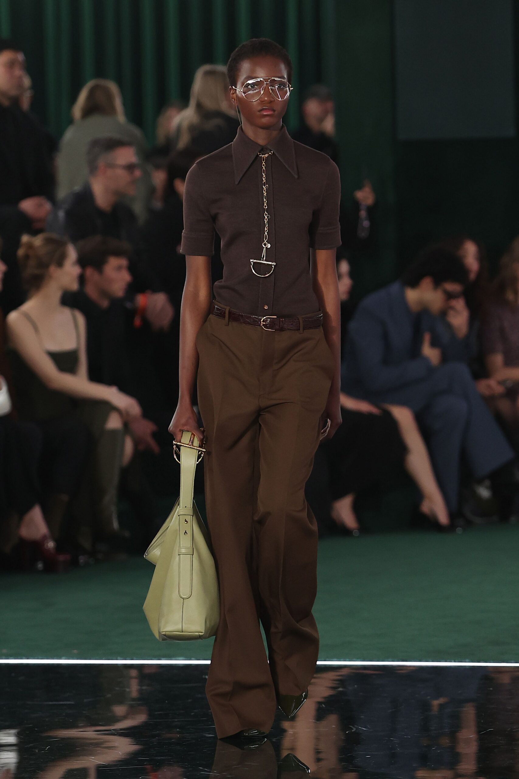 brown fitted shirt with relaxed pants