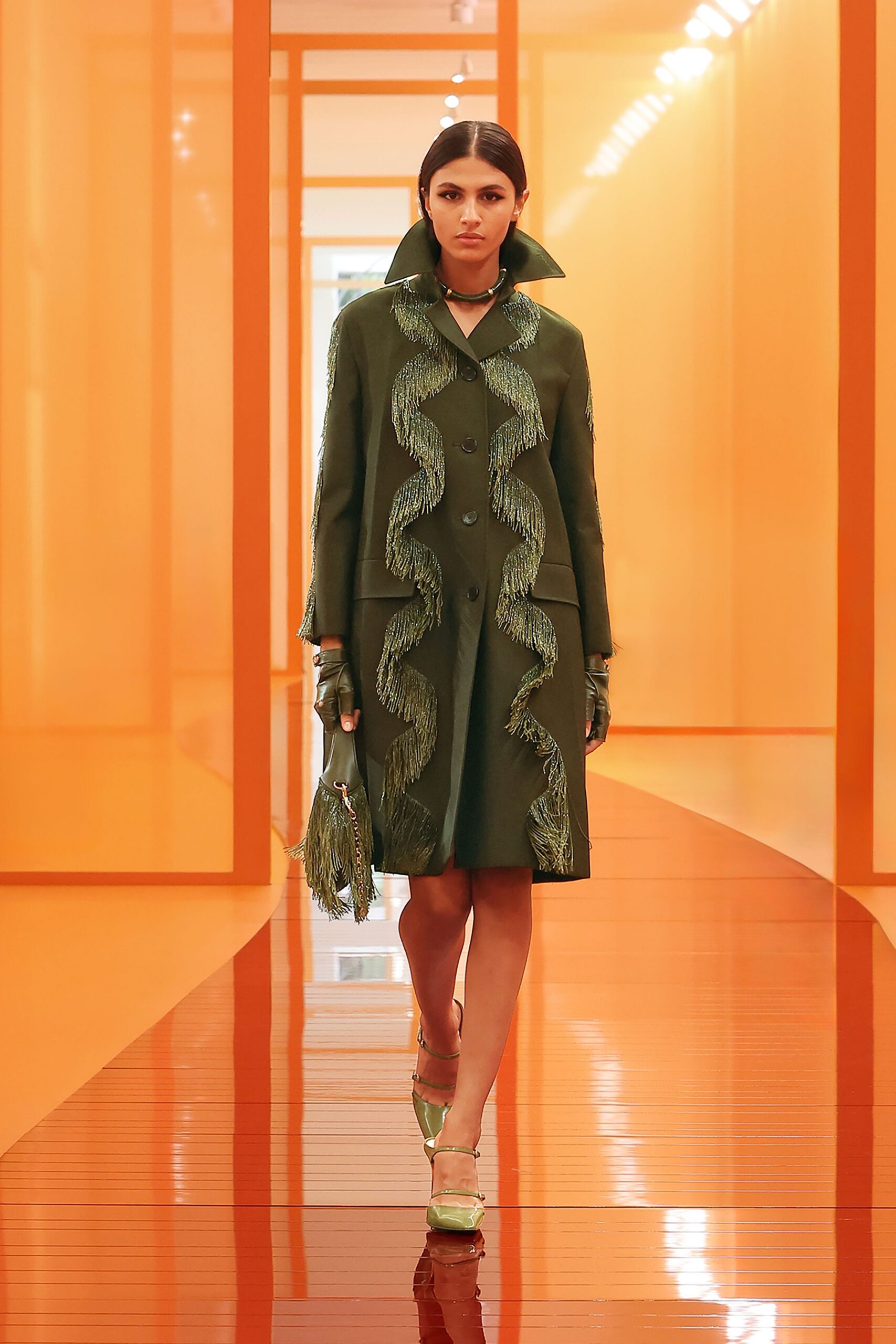 green wool long-sleeve collared fitted fringed coat
