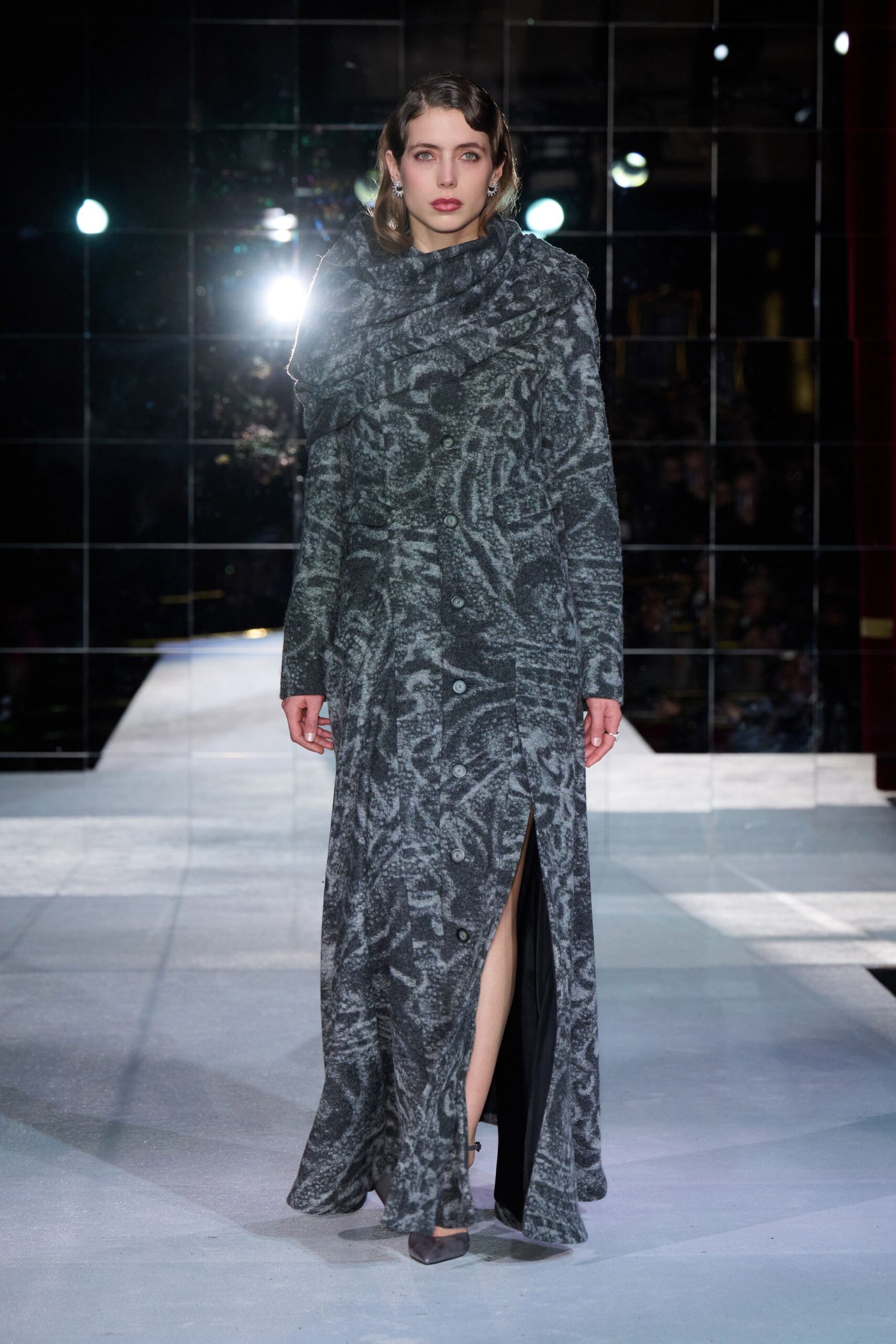 gray wool long-sleeve collared fitted layered maxi coat