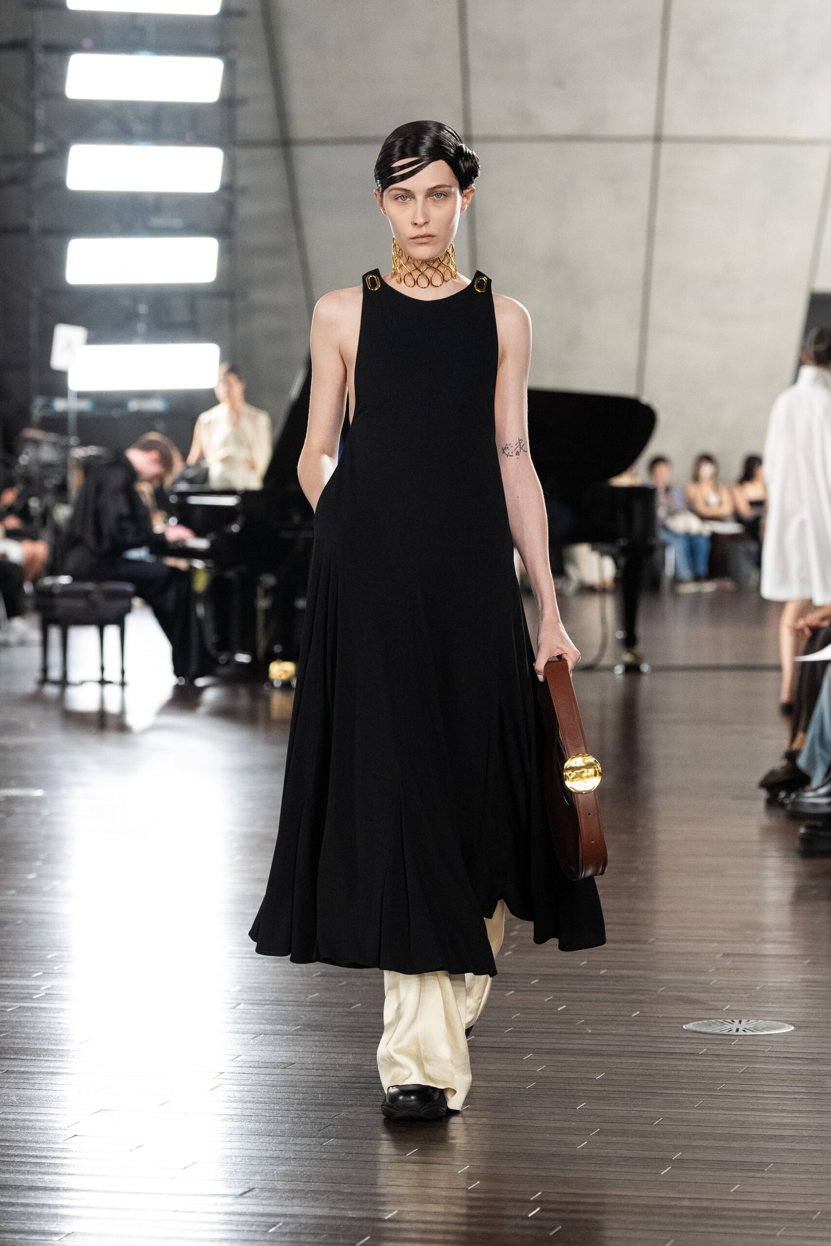 black midi dress with beige pants