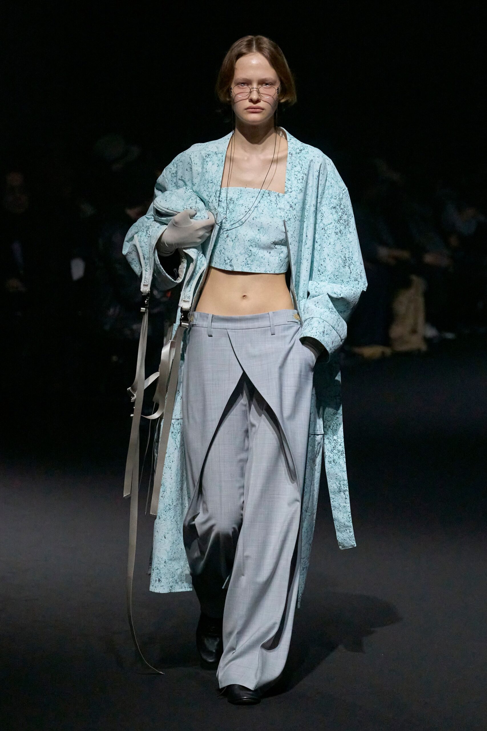 blue cotton long-sleeve oversized draped coat