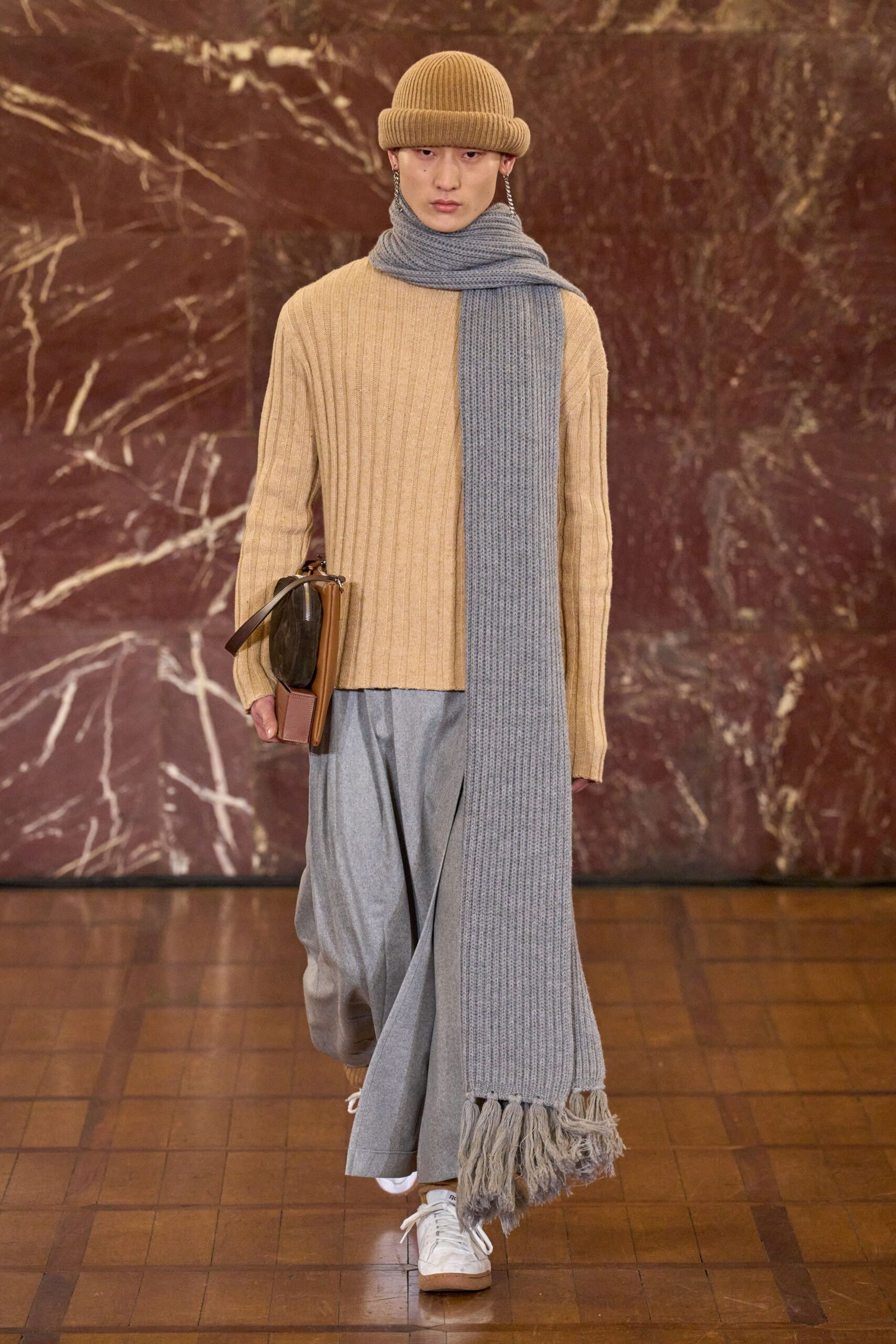 beige wool sweater gray pants