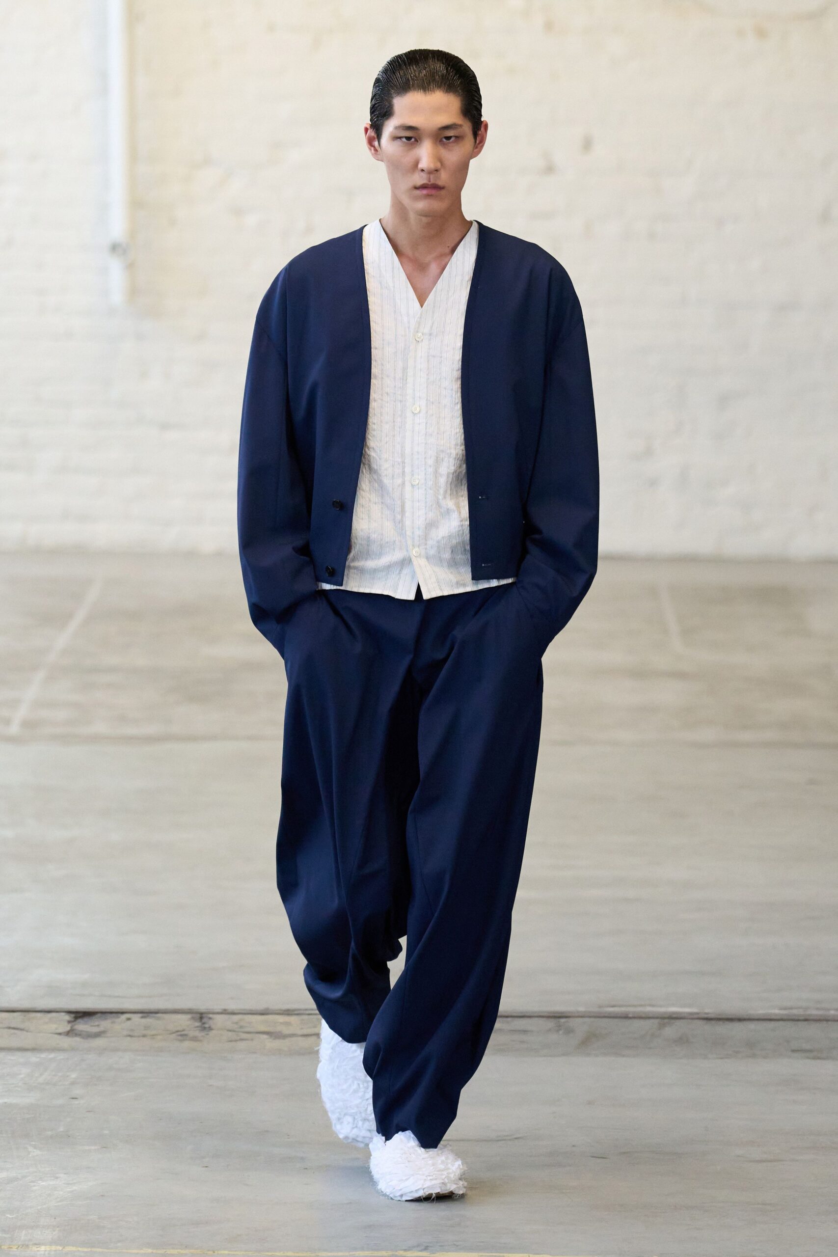 blue relaxed jacket with white shirt