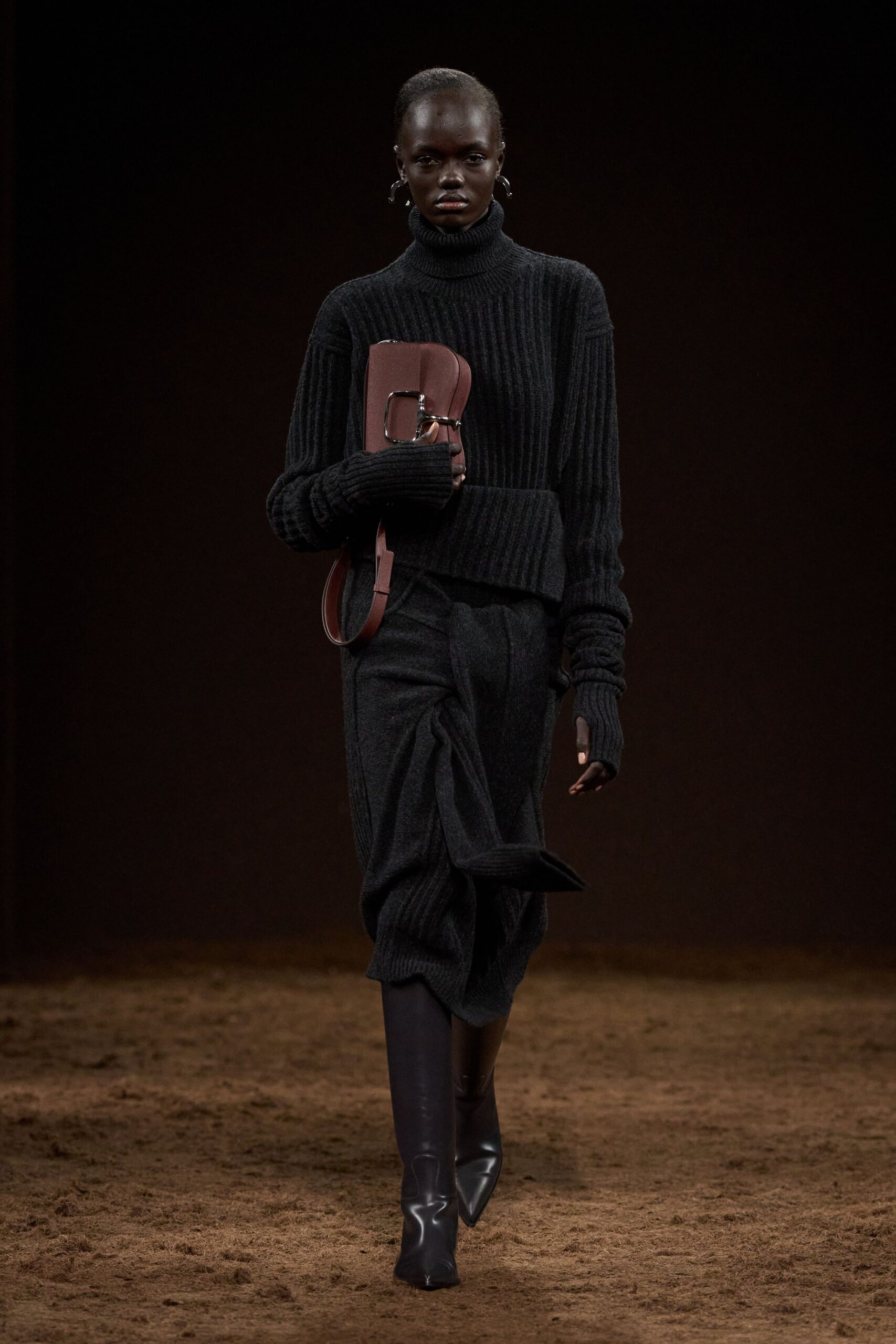 black wool fitted sweater with relaxed pants