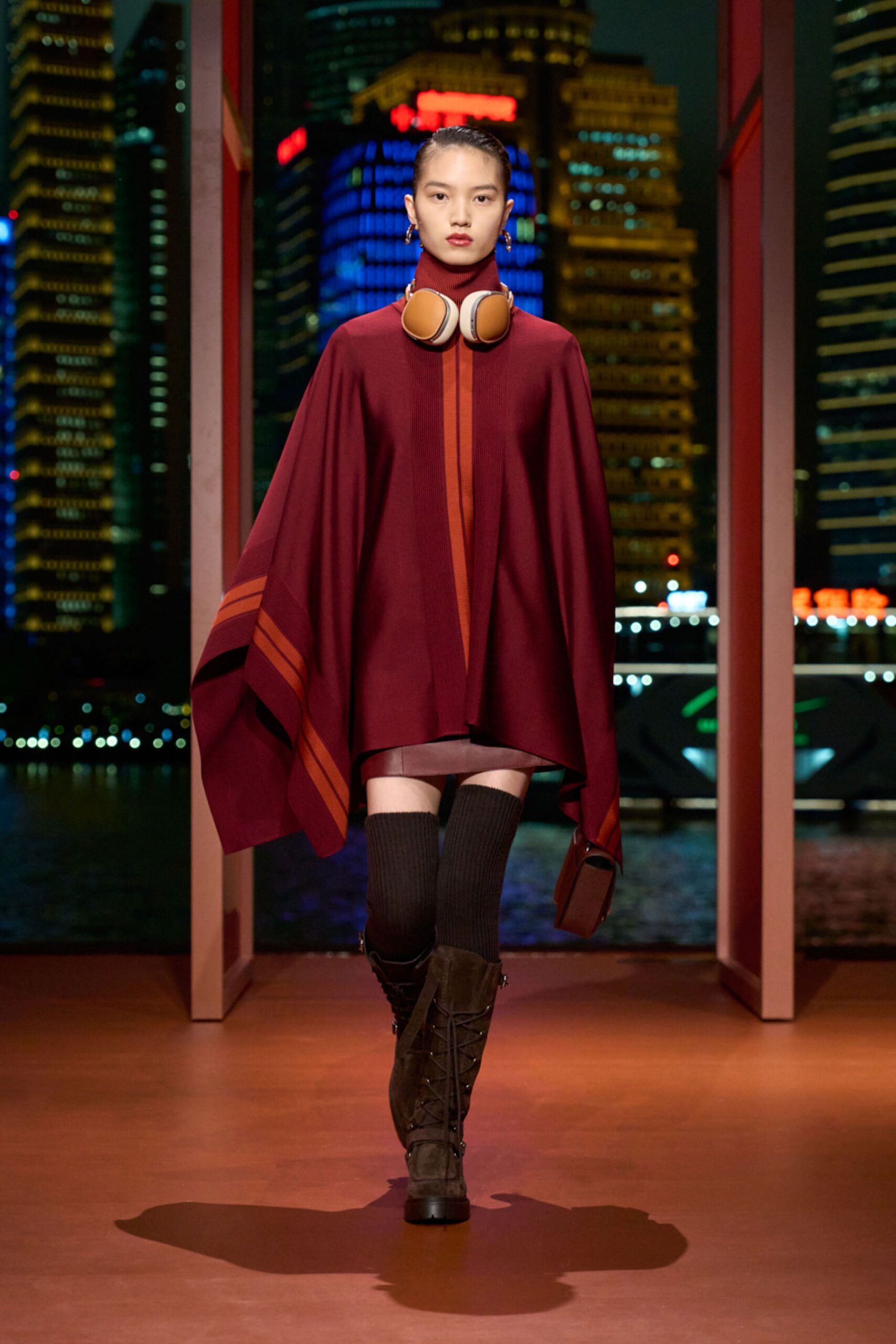 red wool poncho with shorts