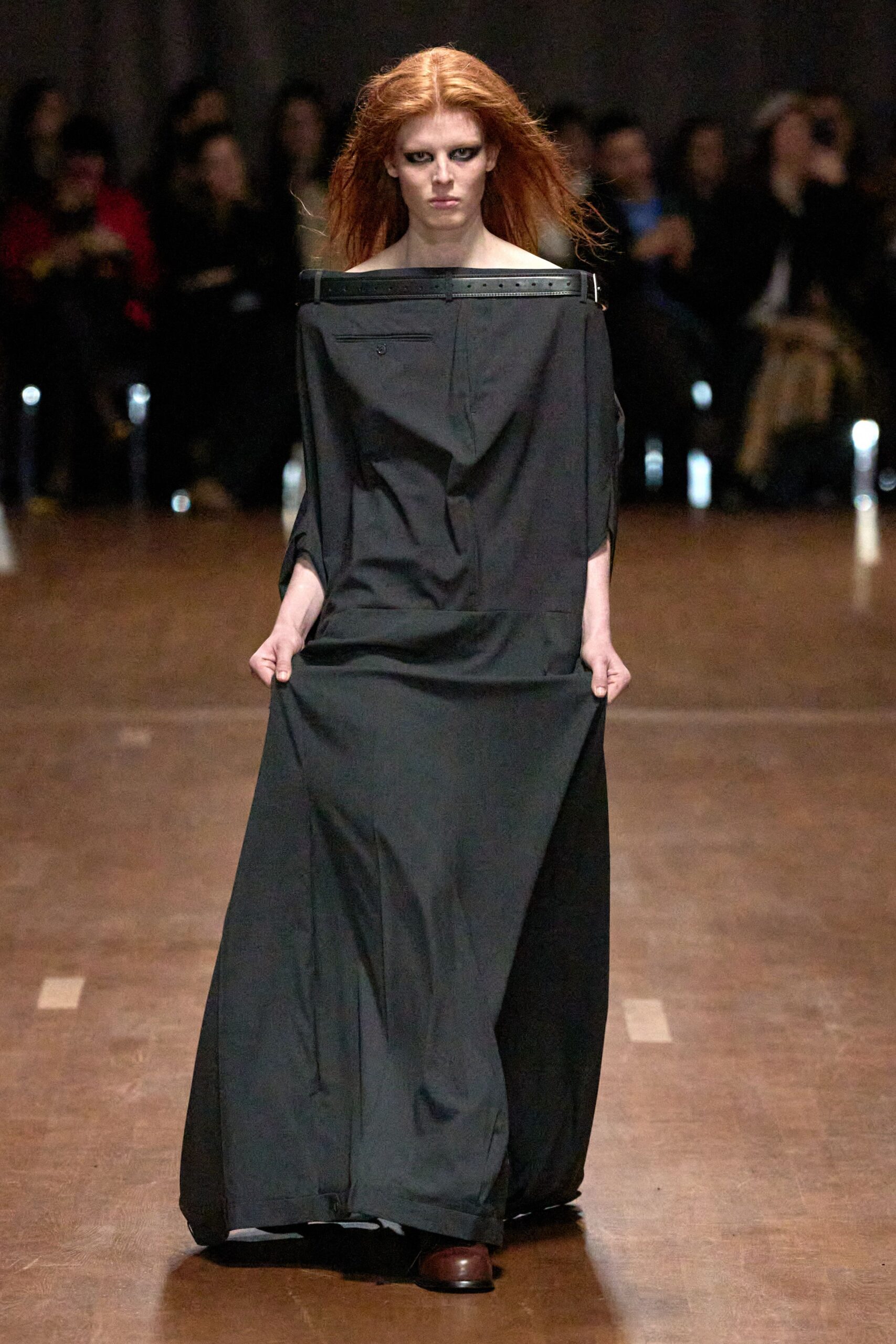 black cotton long-sleeve off-shoulder relaxed draped maxi dress