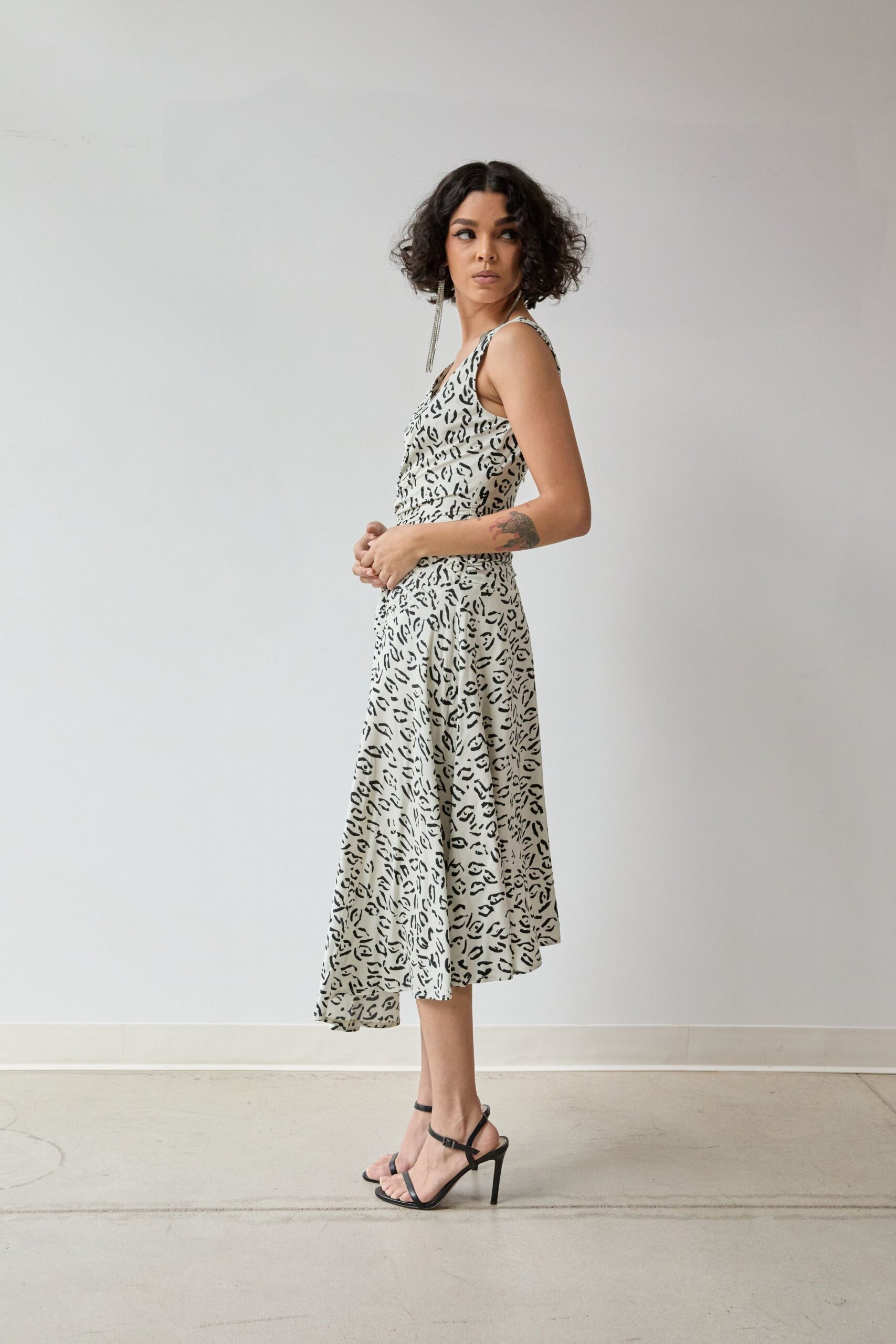 black and white printed midi dress