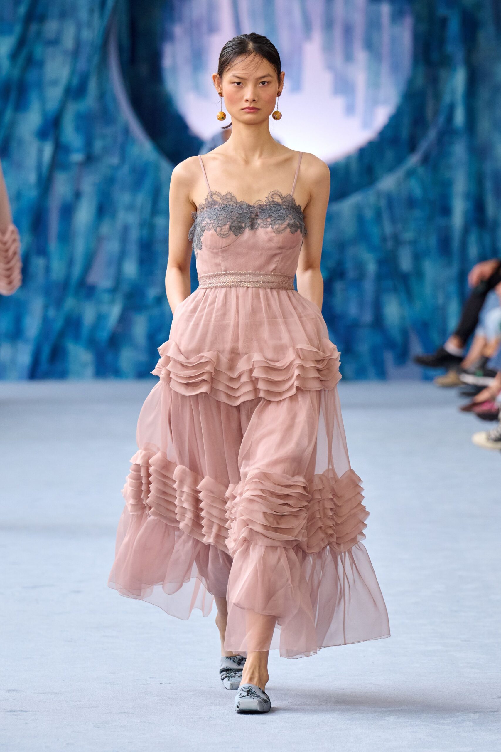pink silk sleeveless v-neck fitted ruffled layered dress