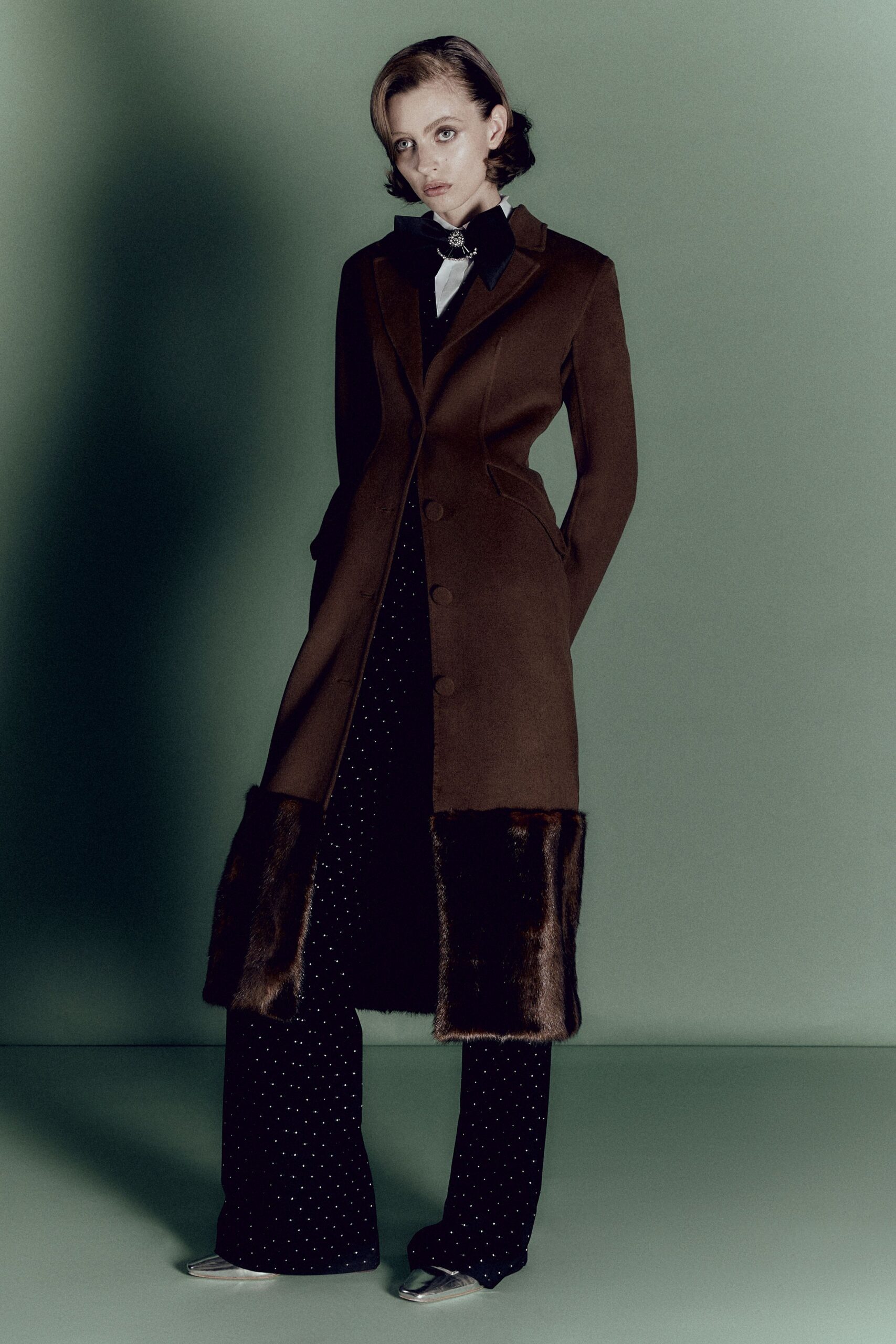 brown wool long-sleeve collared structured buttoned coat