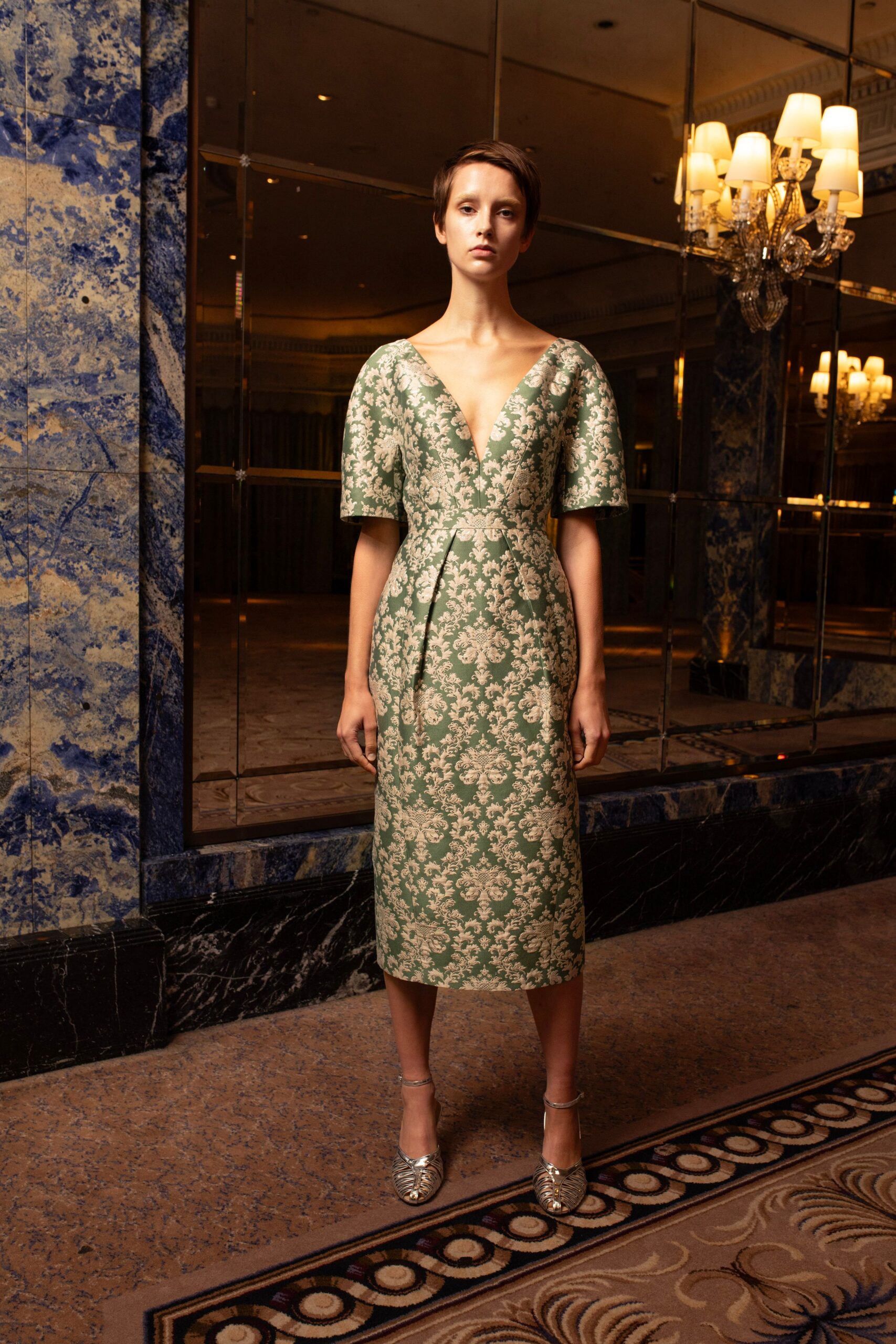 green gold embroidered midi dress