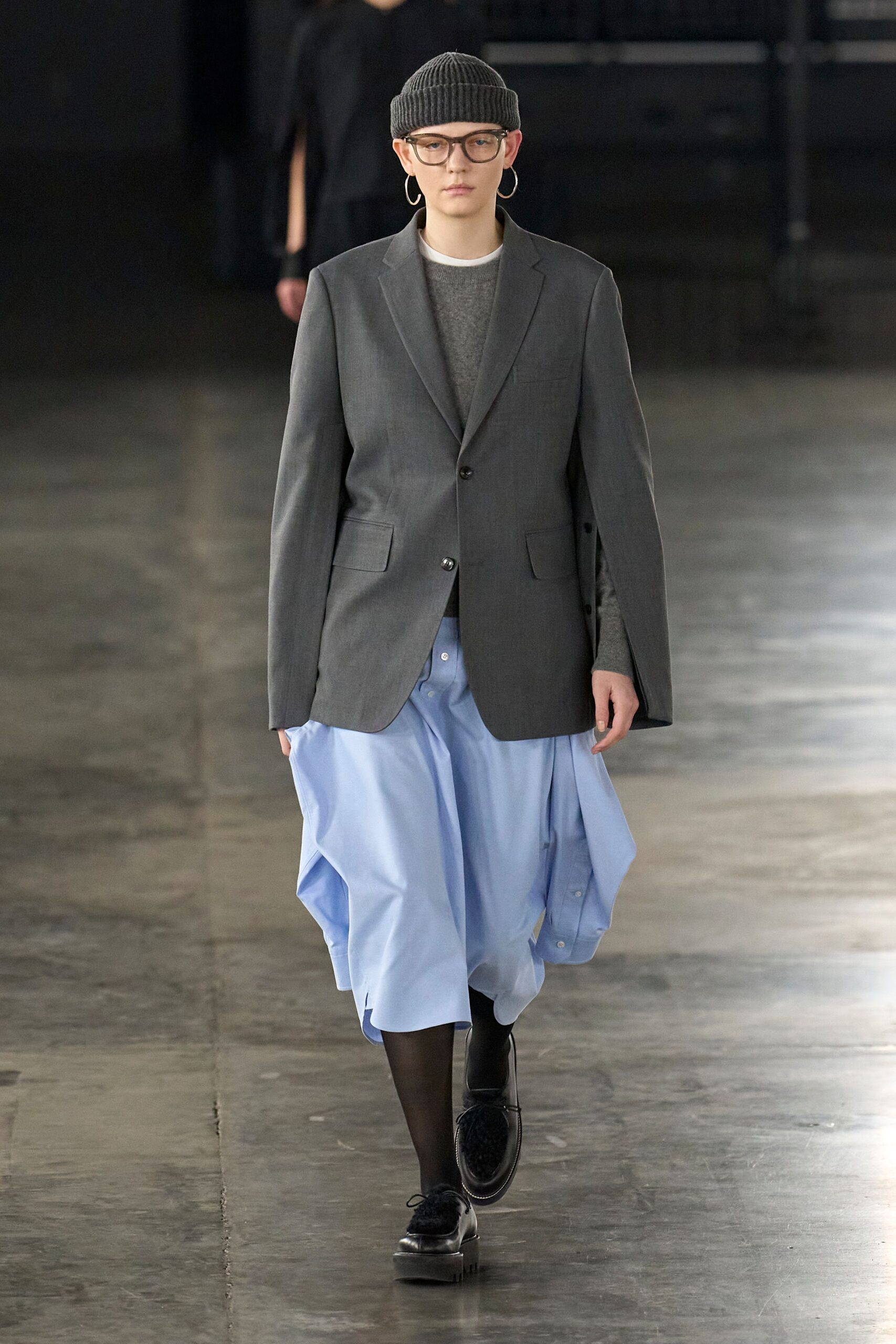 blue cotton asymmetric relaxed pleated skirt