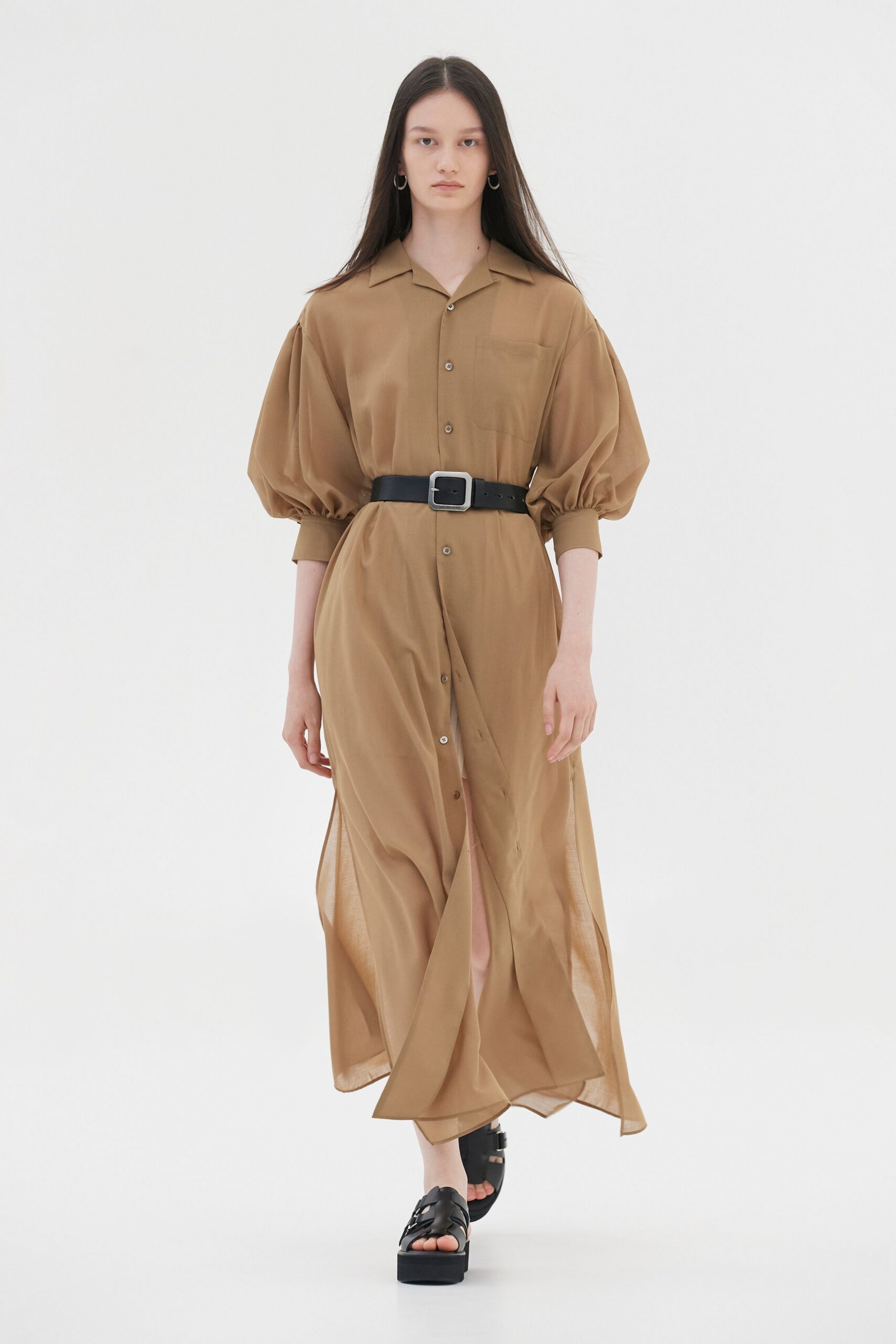 brown silk long-sleeve collared relaxed buttoned pleated shirt-dress