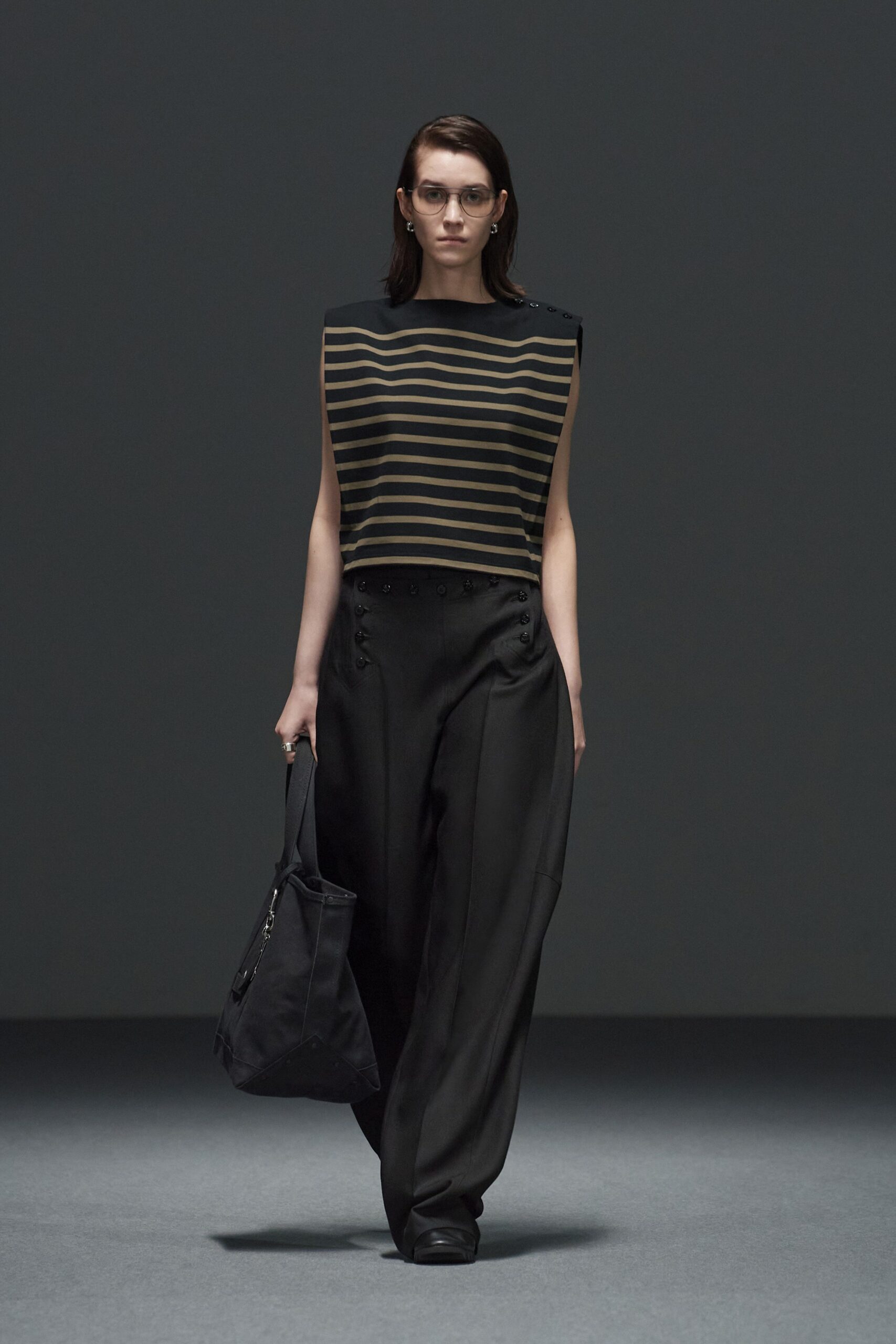 black wide-leg pants with striped top