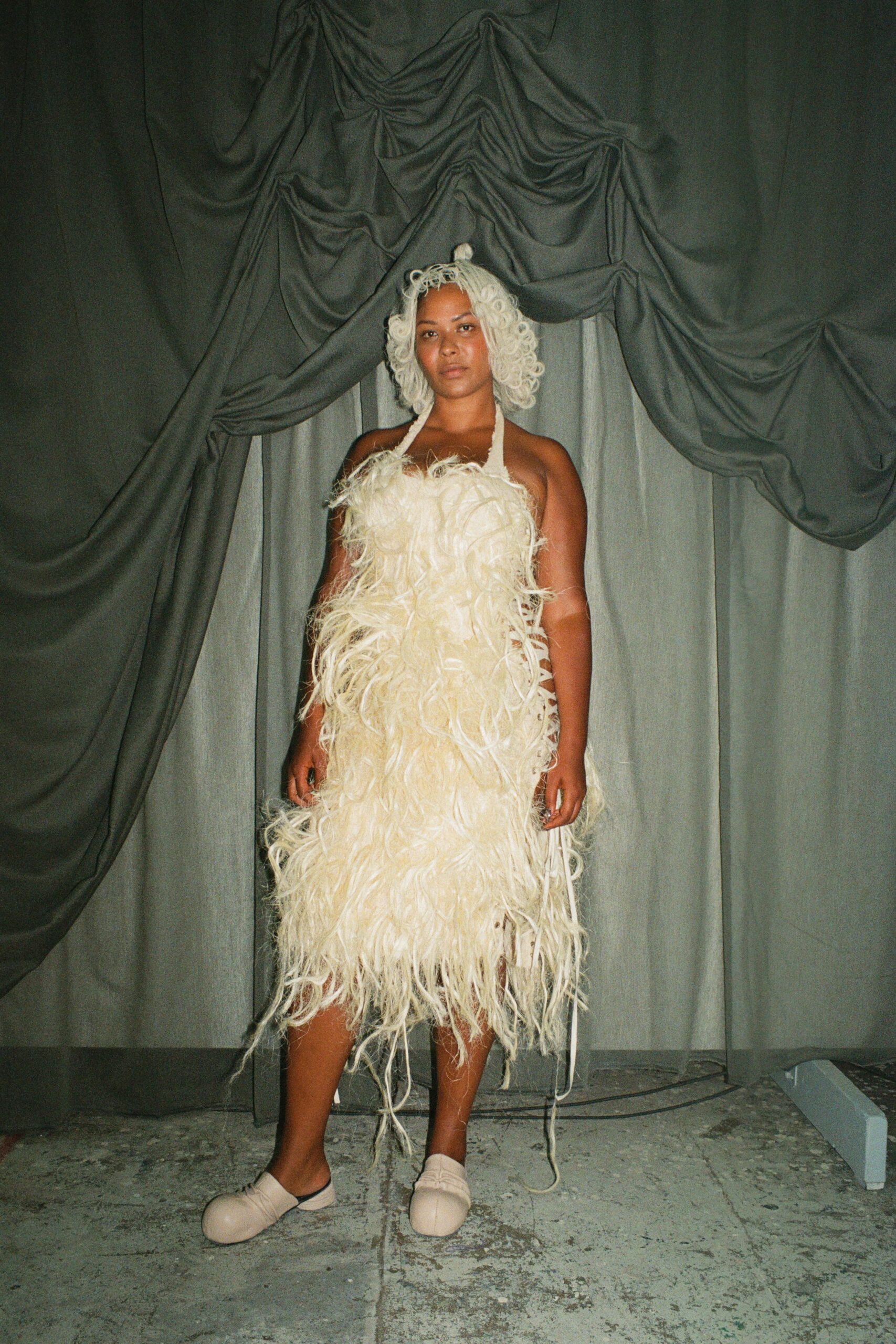 ivory fur sleeveless halter fitted fringed short dress