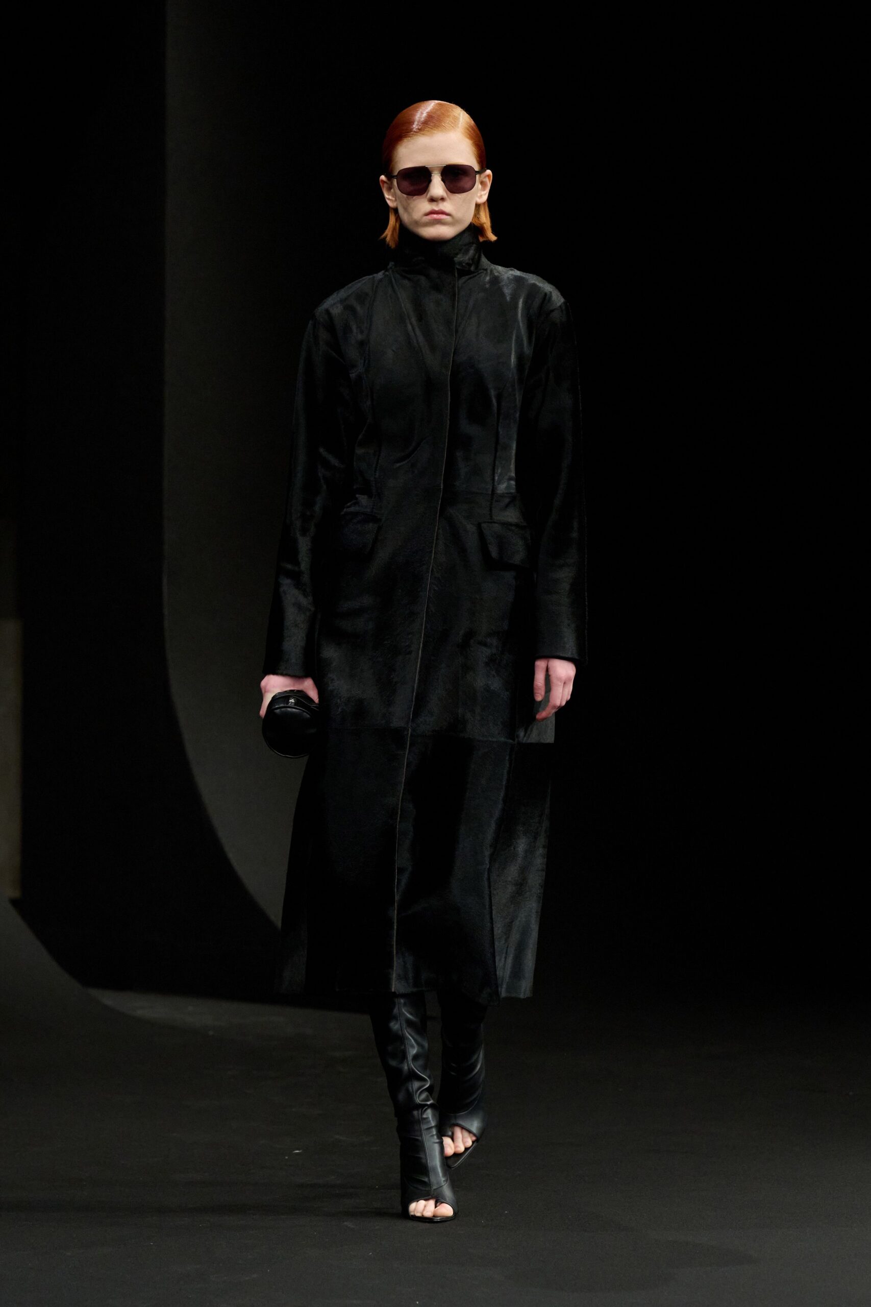 black silk long-sleeve collared fitted zippered shiny coat