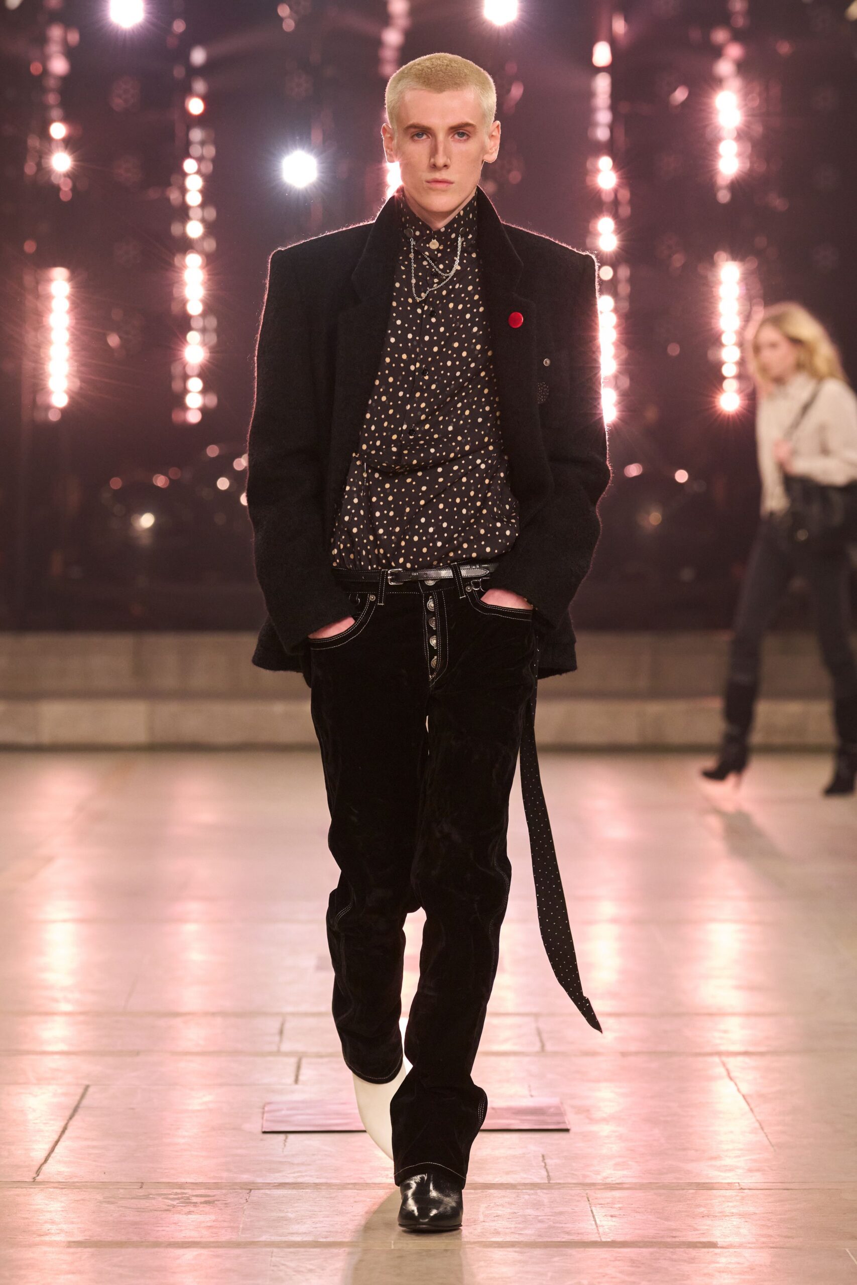 black velvet jacket with polka-dot shirt