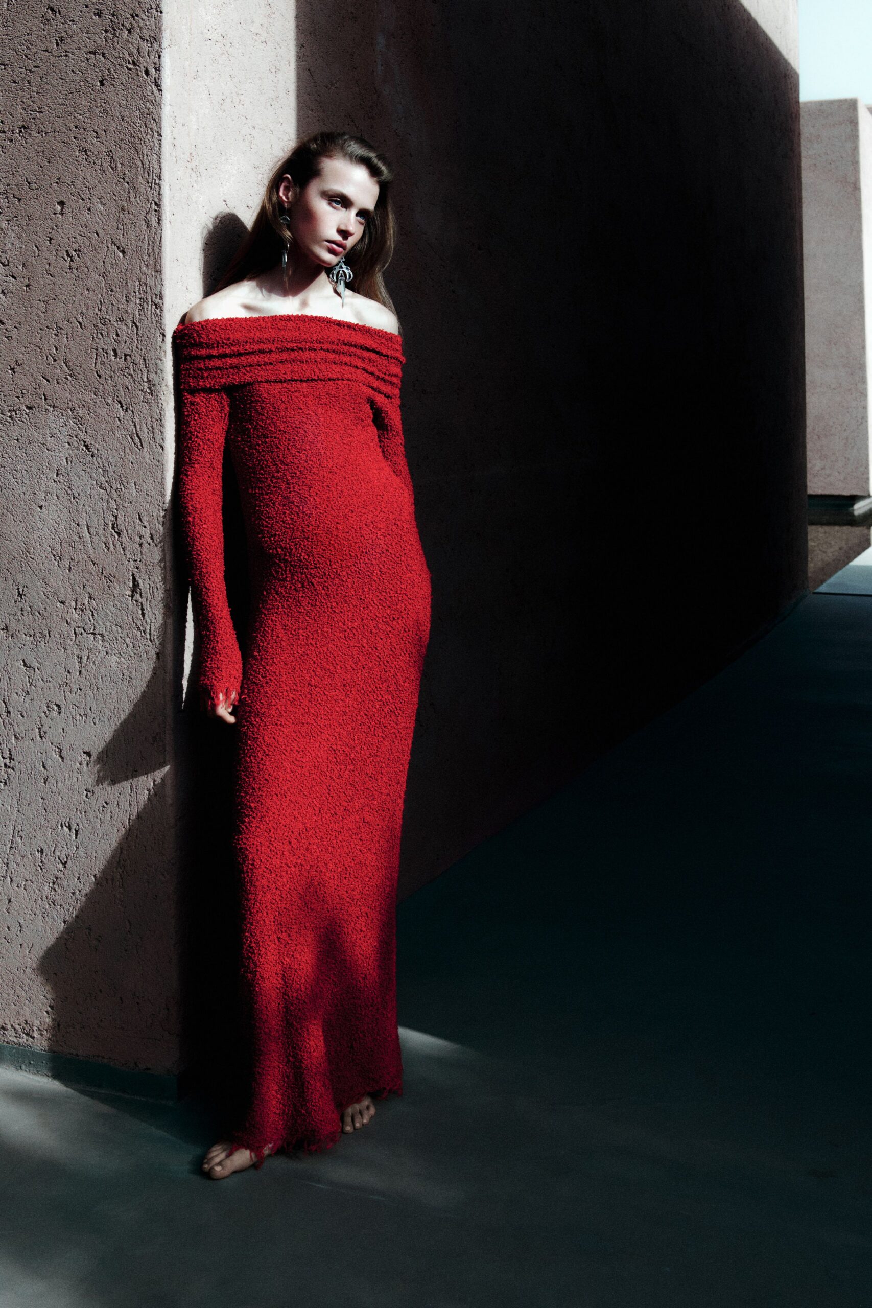 red fitted off-shoulder gown