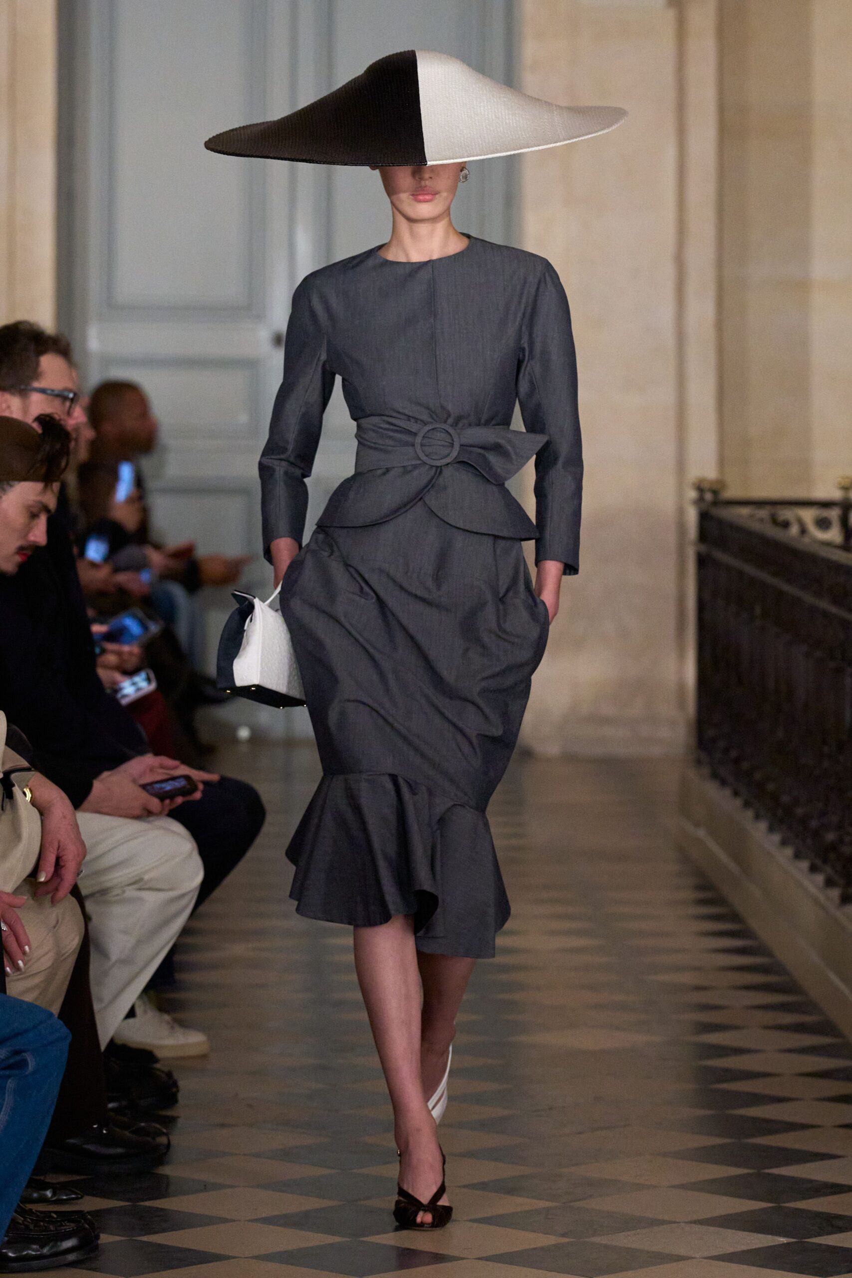gray fitted midi dress with hat