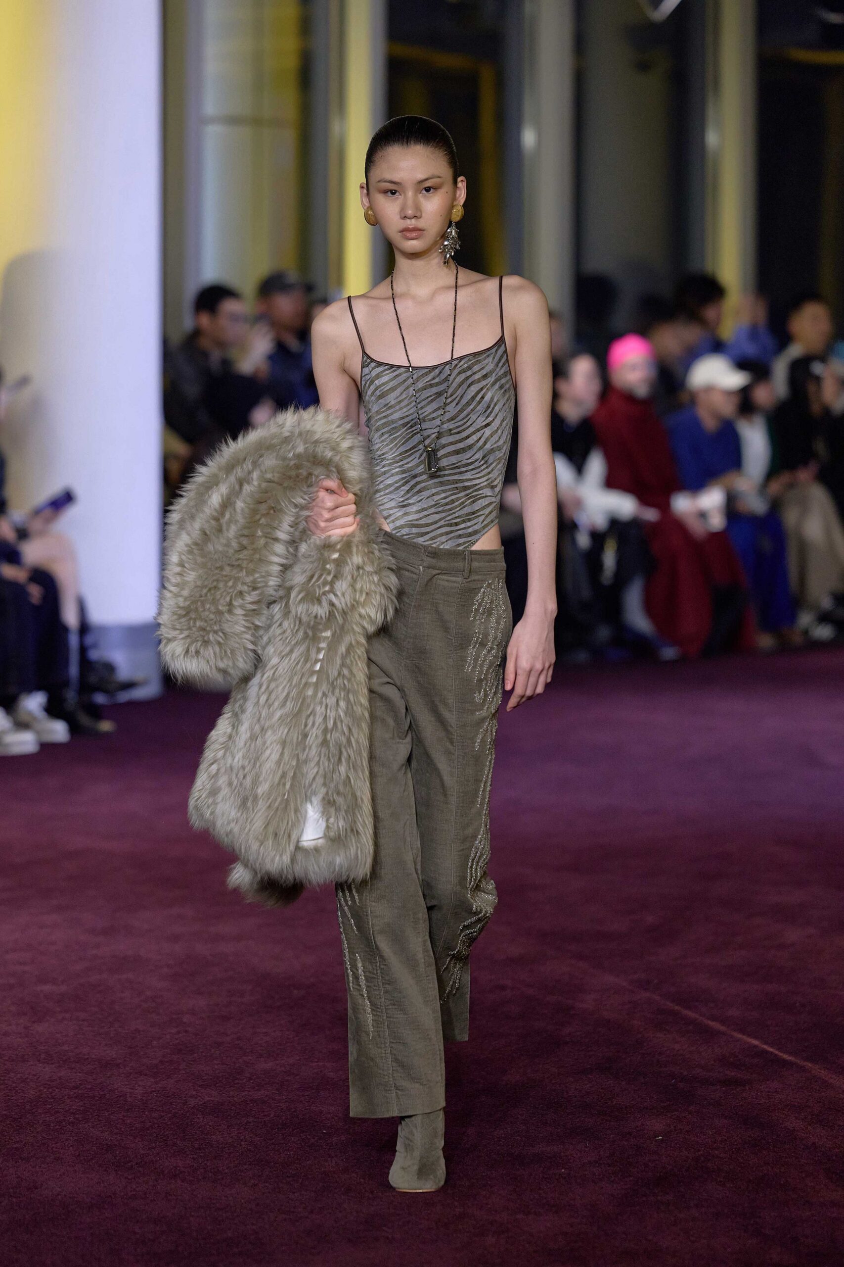 gray silk top olive pants faux-fur coat