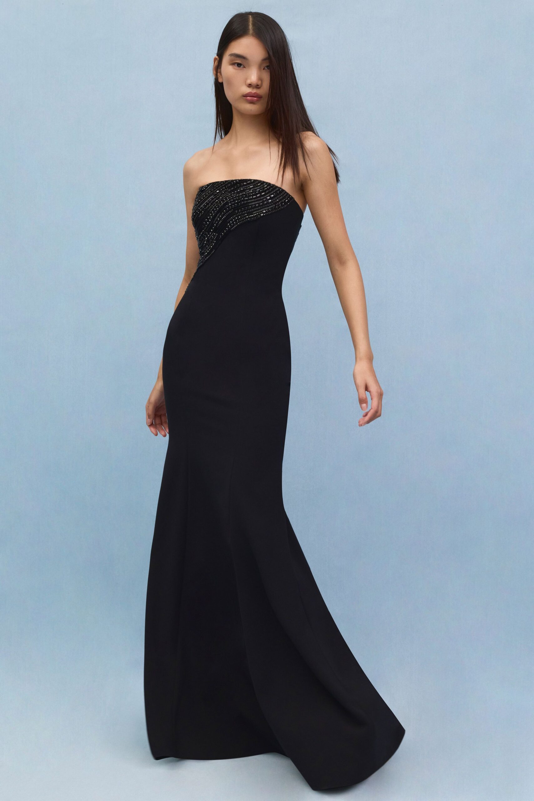 black strapless embellished gown