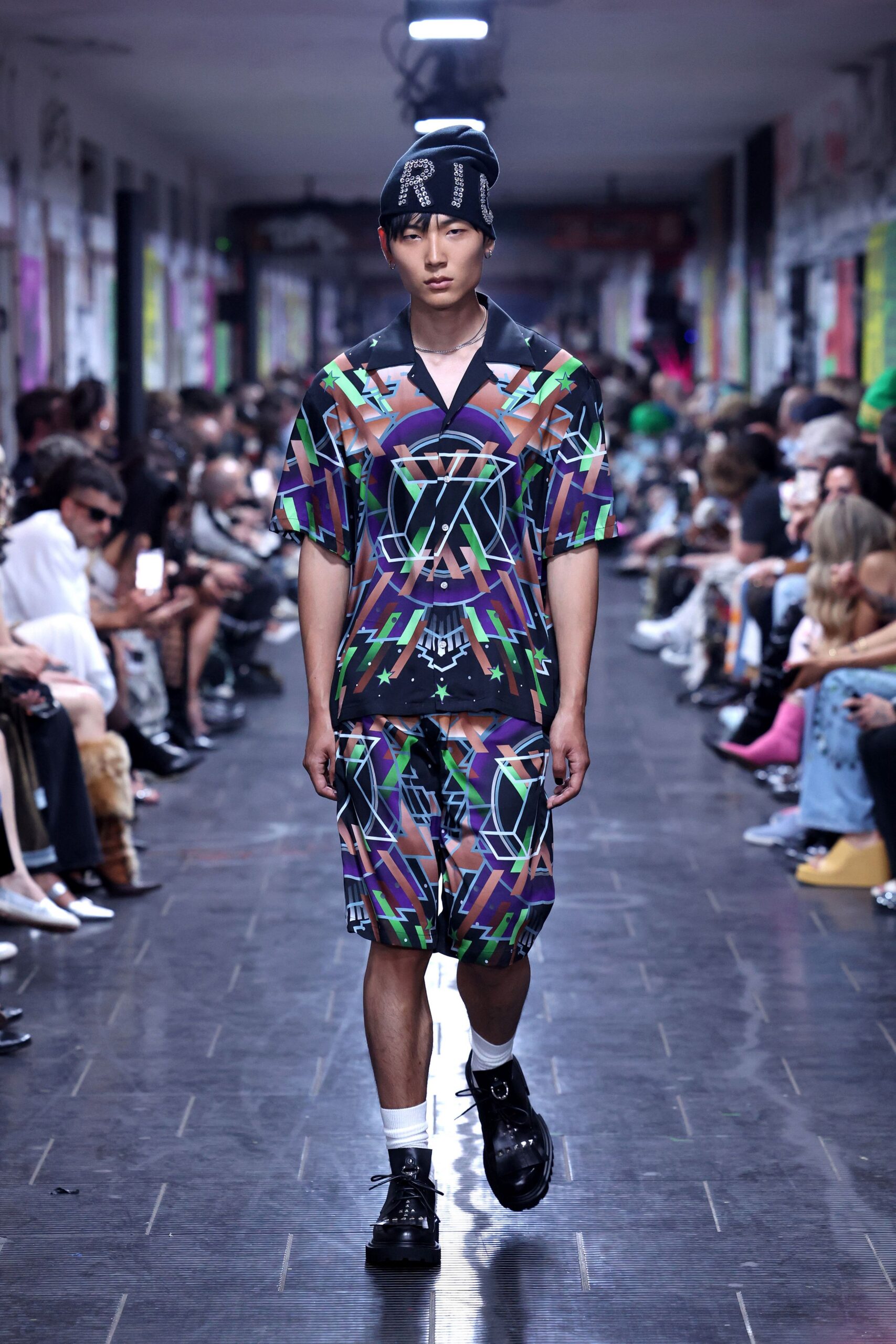 multi cotton short-sleeve collared relaxed printed shirt