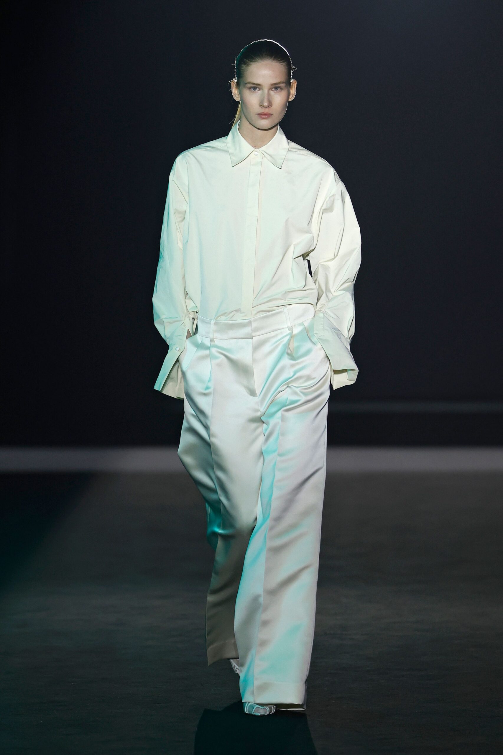 white silk relaxed wide-leg shiny pants