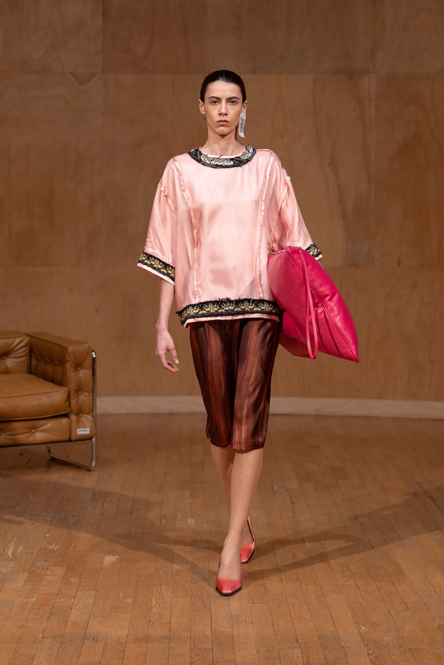 brown silk fitted pleated pants