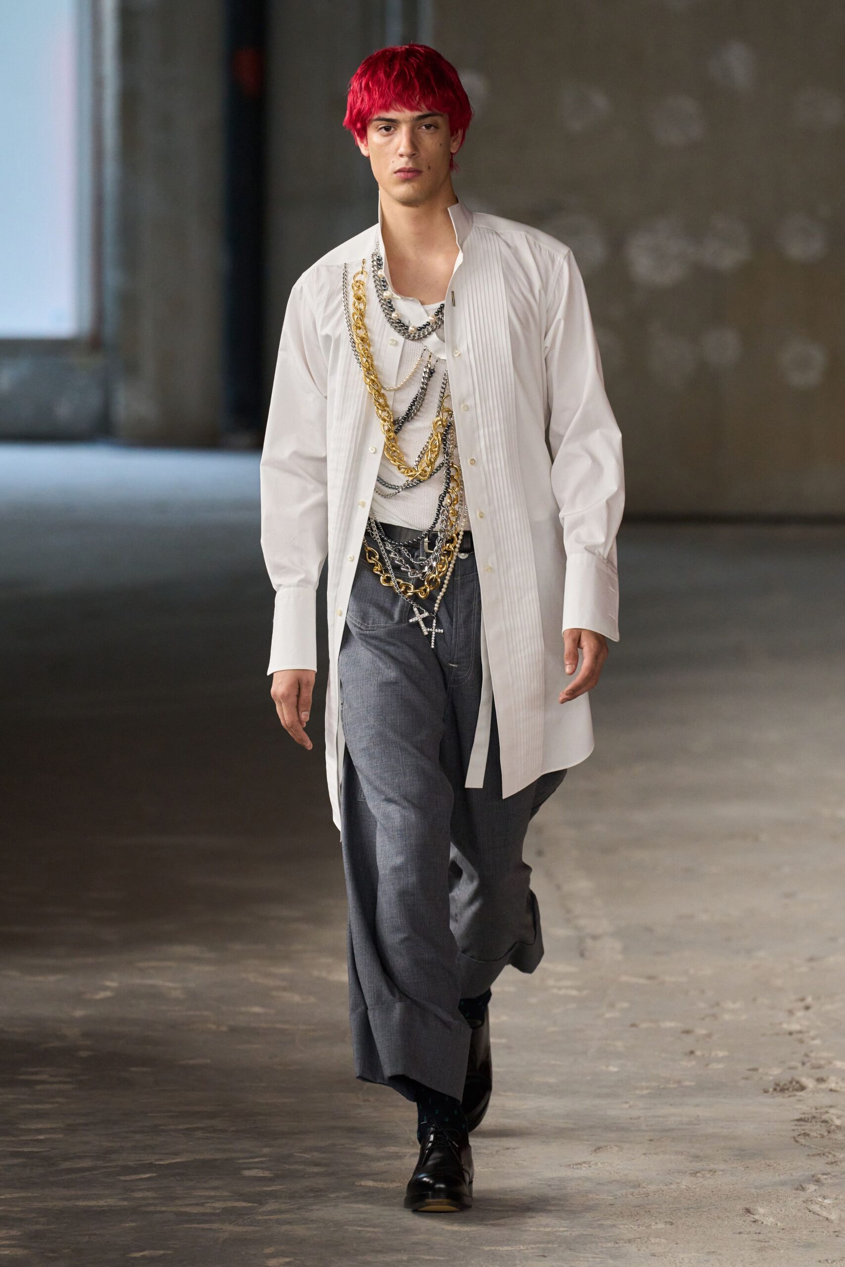 white relaxed shirt gray tailored pants