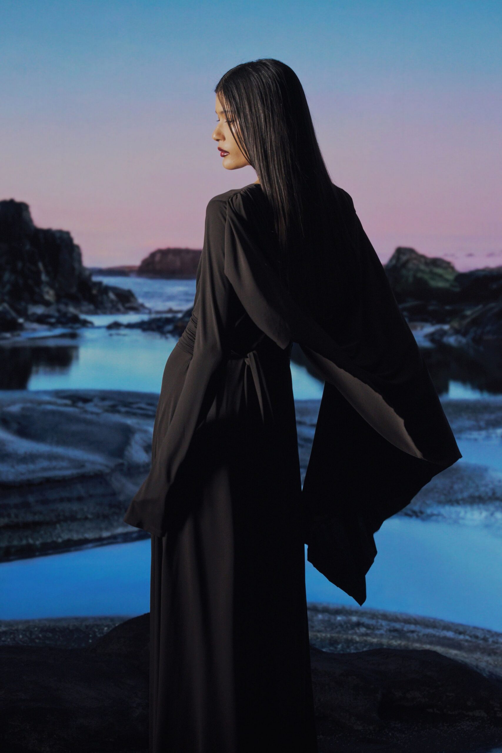 black silk fitted gown