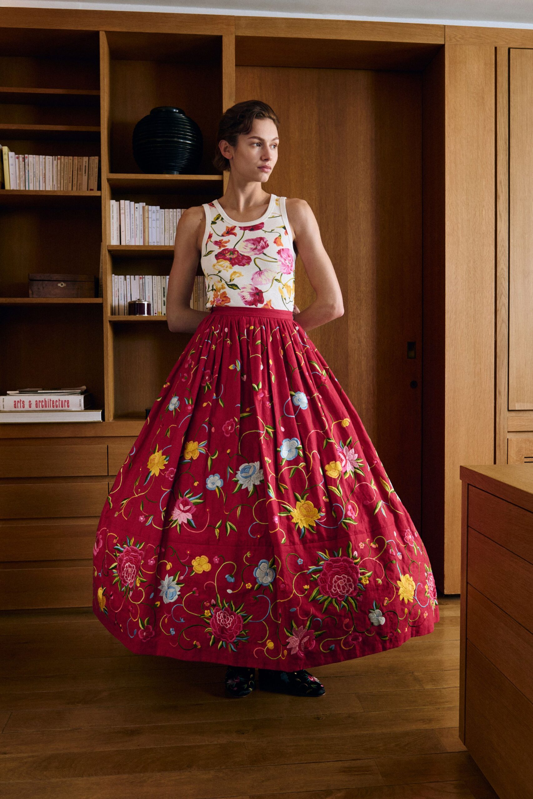 red cotton fitted pleated flared maxi skirt