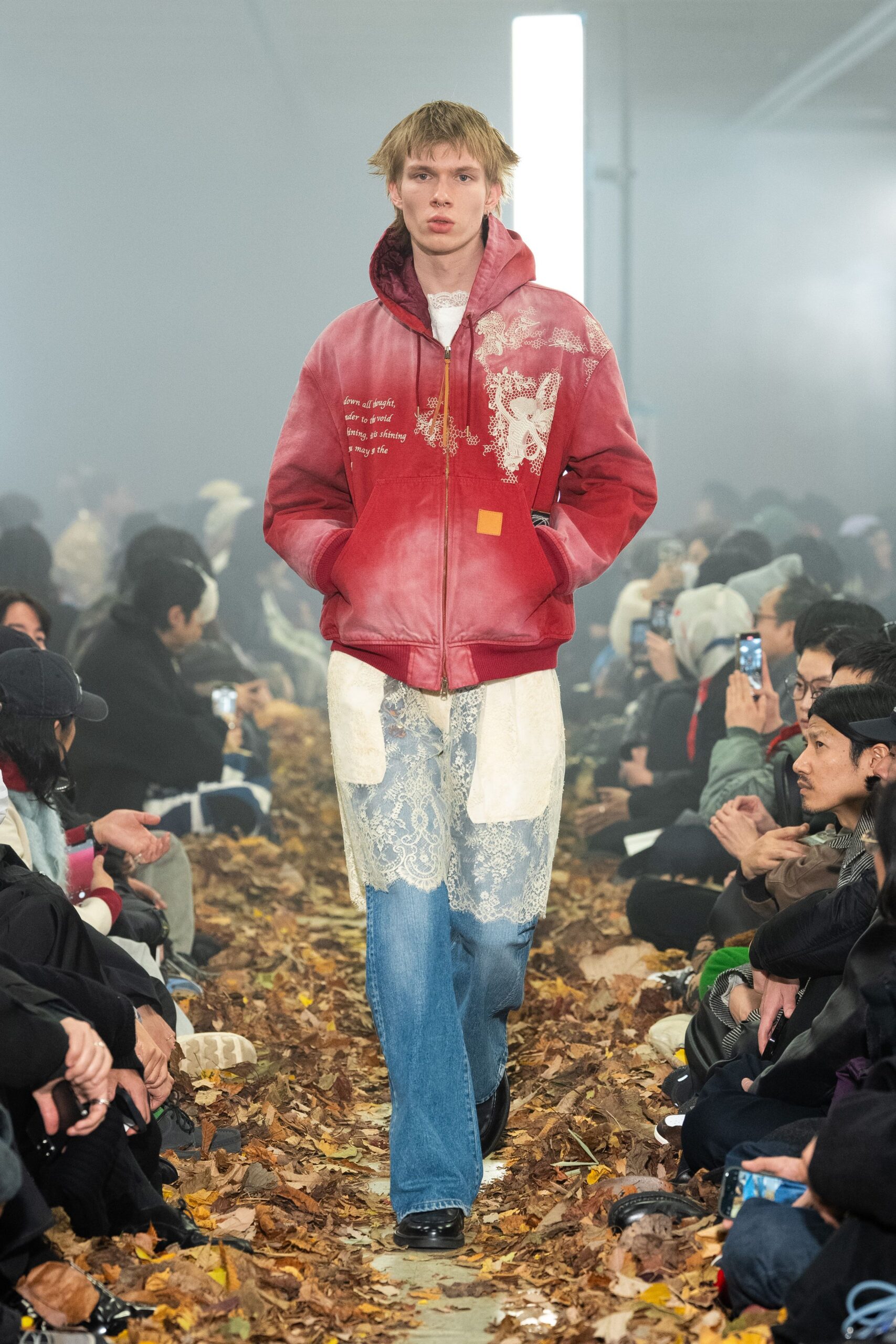 red hoodie with distressed jeans