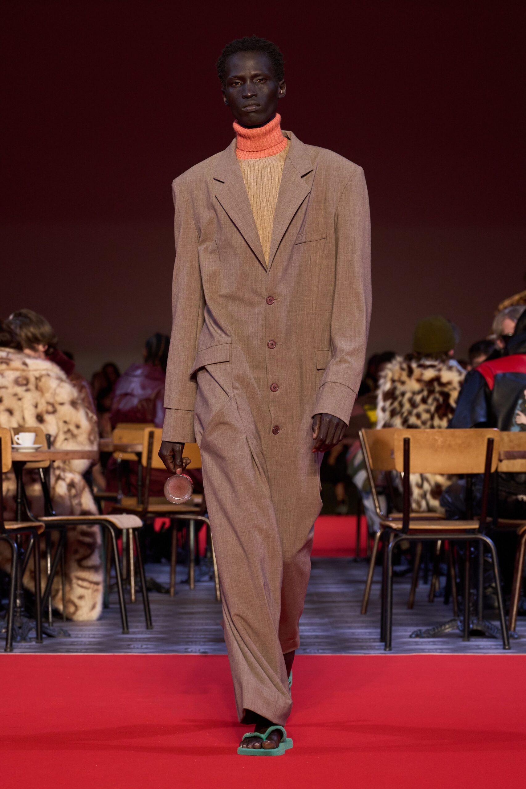 brown cotton long-sleeve collared oversized buttoned jumpsuit