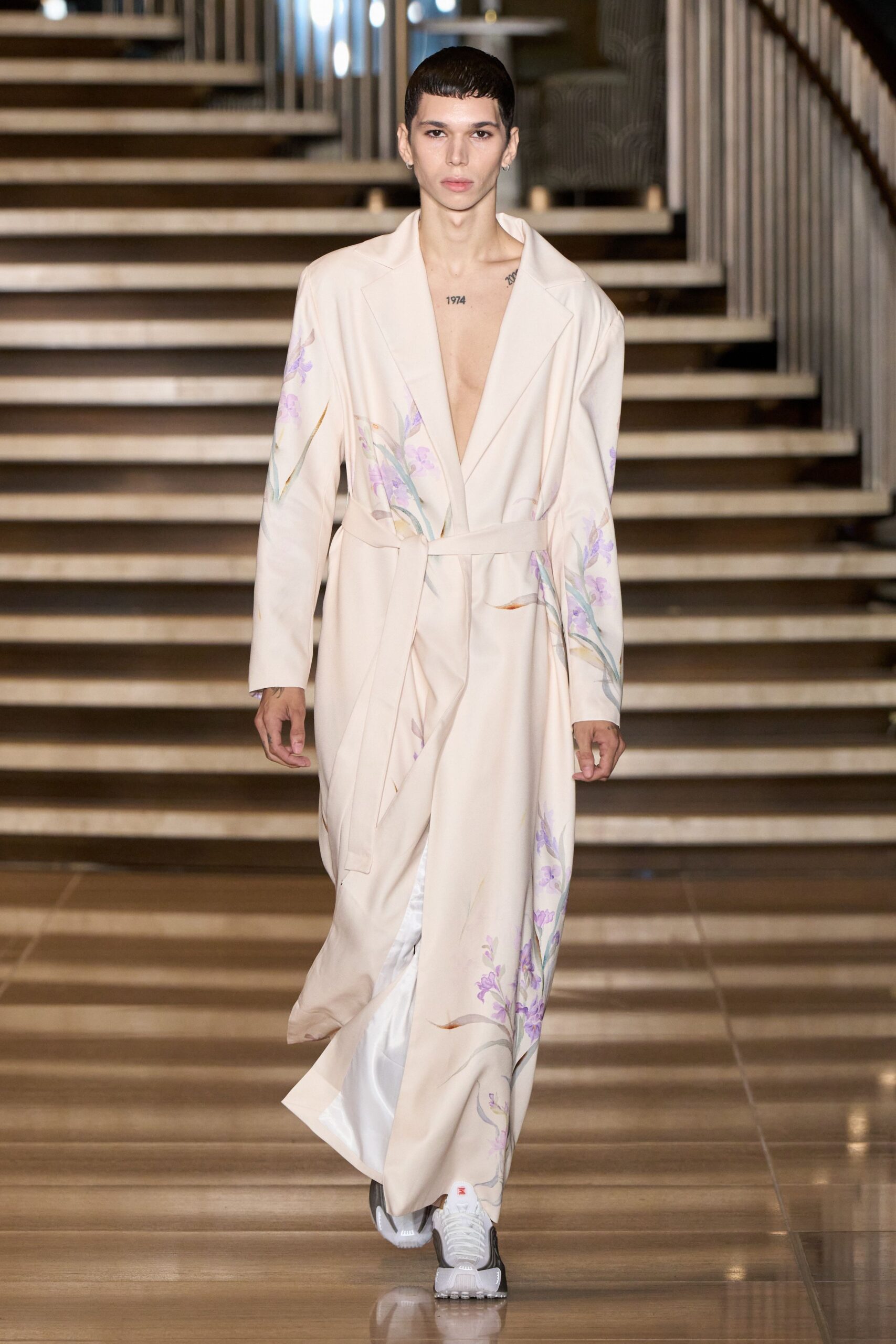 beige silk long-sleeve v-neck relaxed embroidered coat