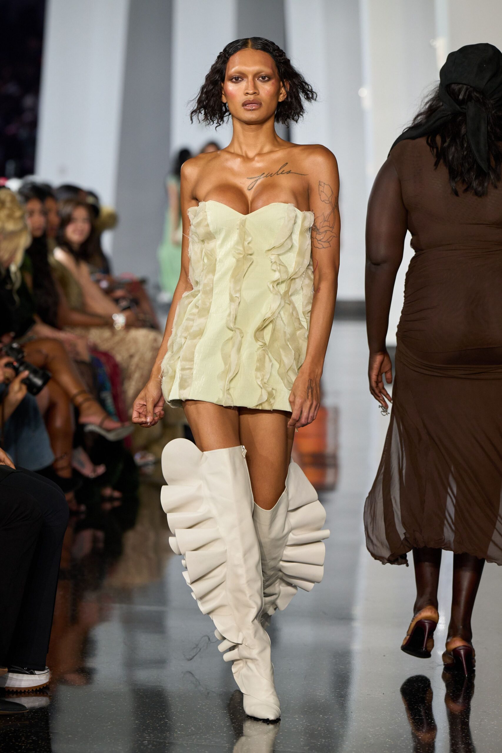 yellow silk strapless fitted ruffled mini mini-dress