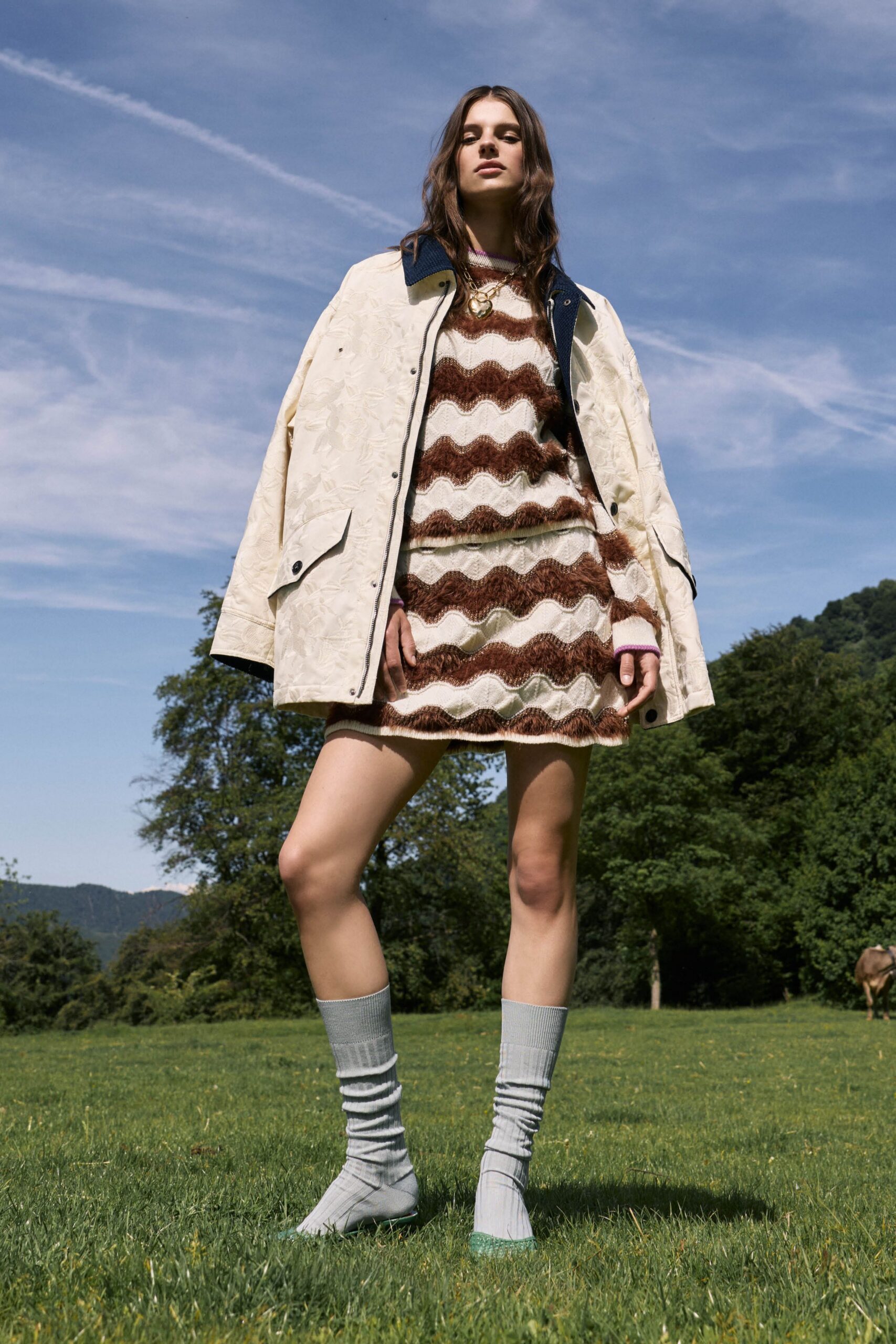 brown cotton short-sleeve collared fitted zigzag mini dress