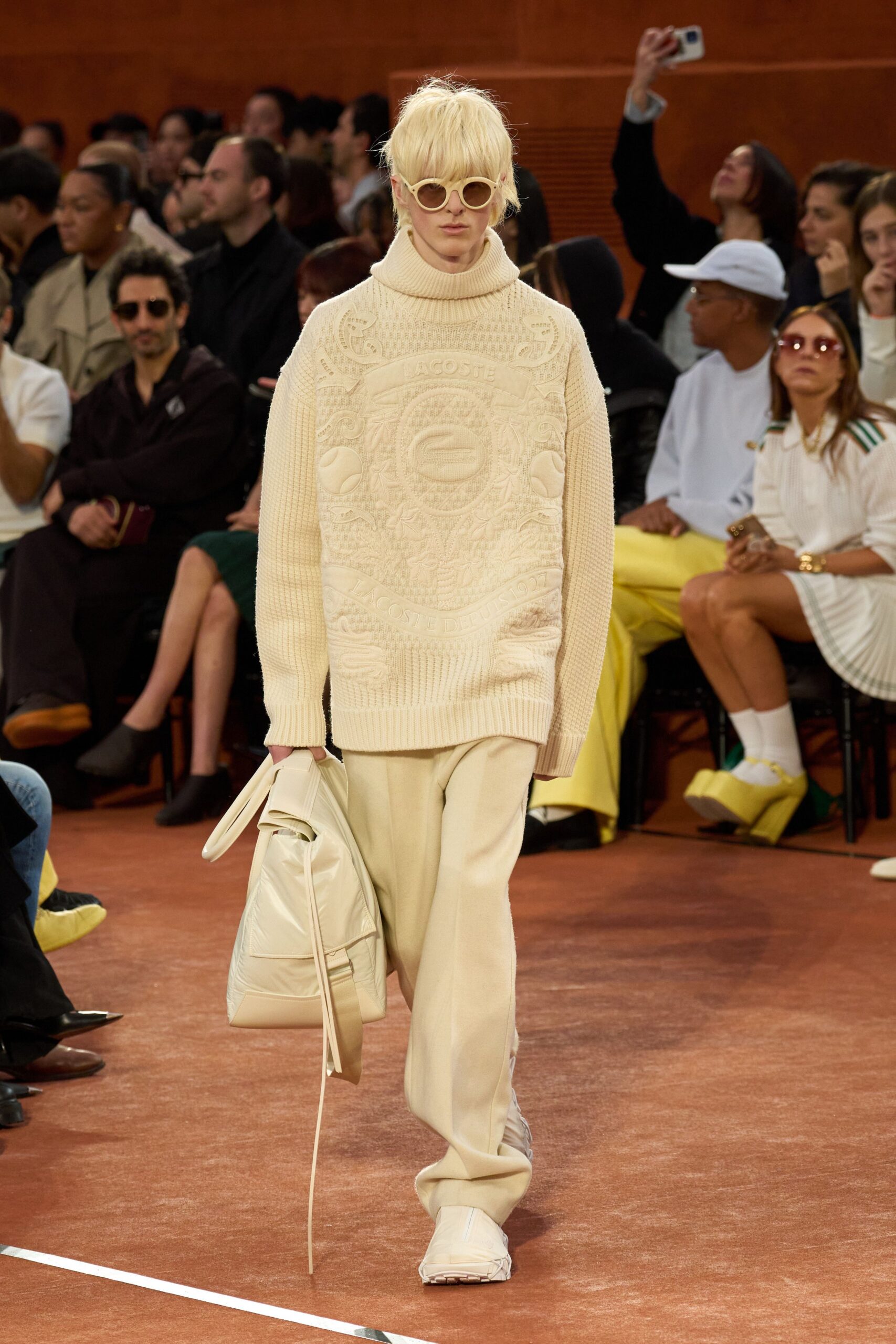 beige wool long-sleeve high-neck oversized embroidered sweater