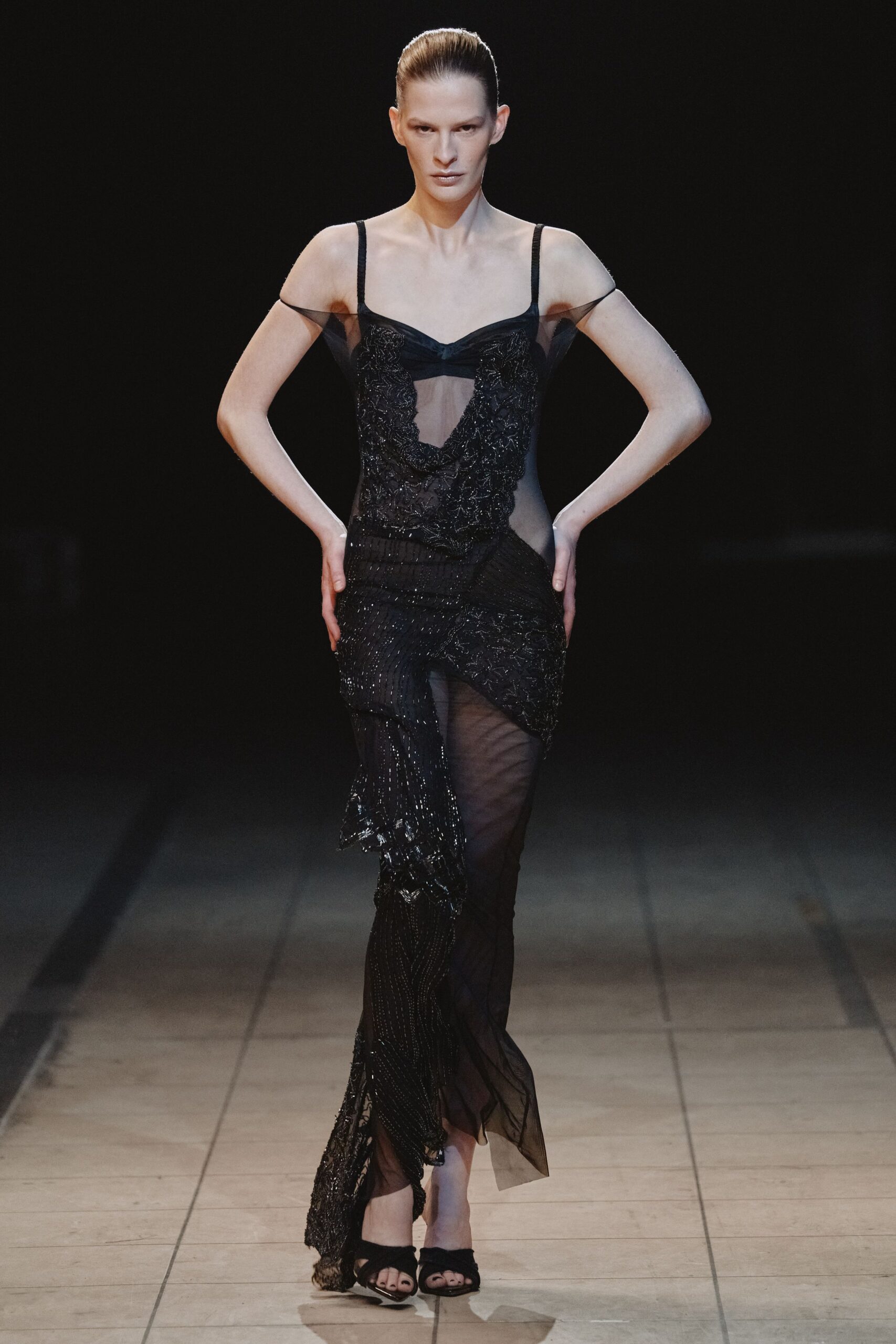 black sheer embellished gown with heels