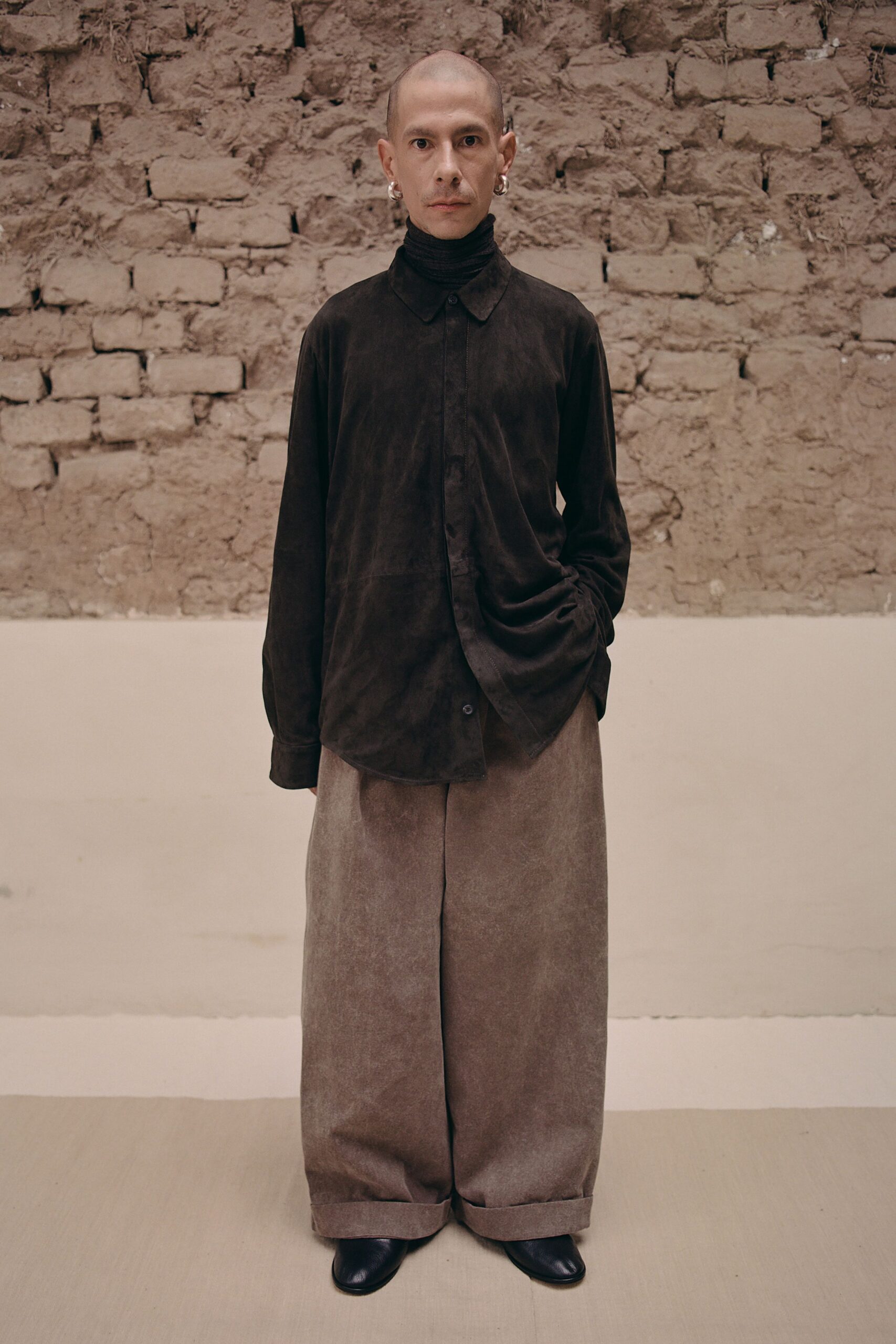 black suede long-sleeve collared relaxed shirt