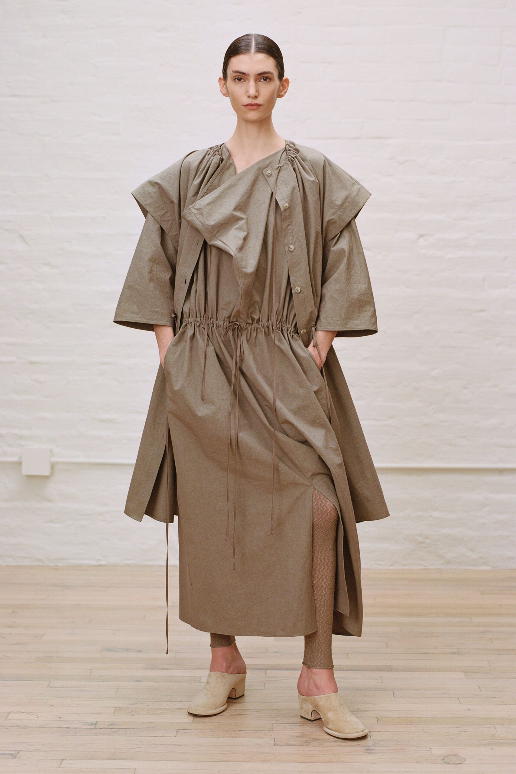 beige cotton long-sleeve collared relaxed draped zippered dress