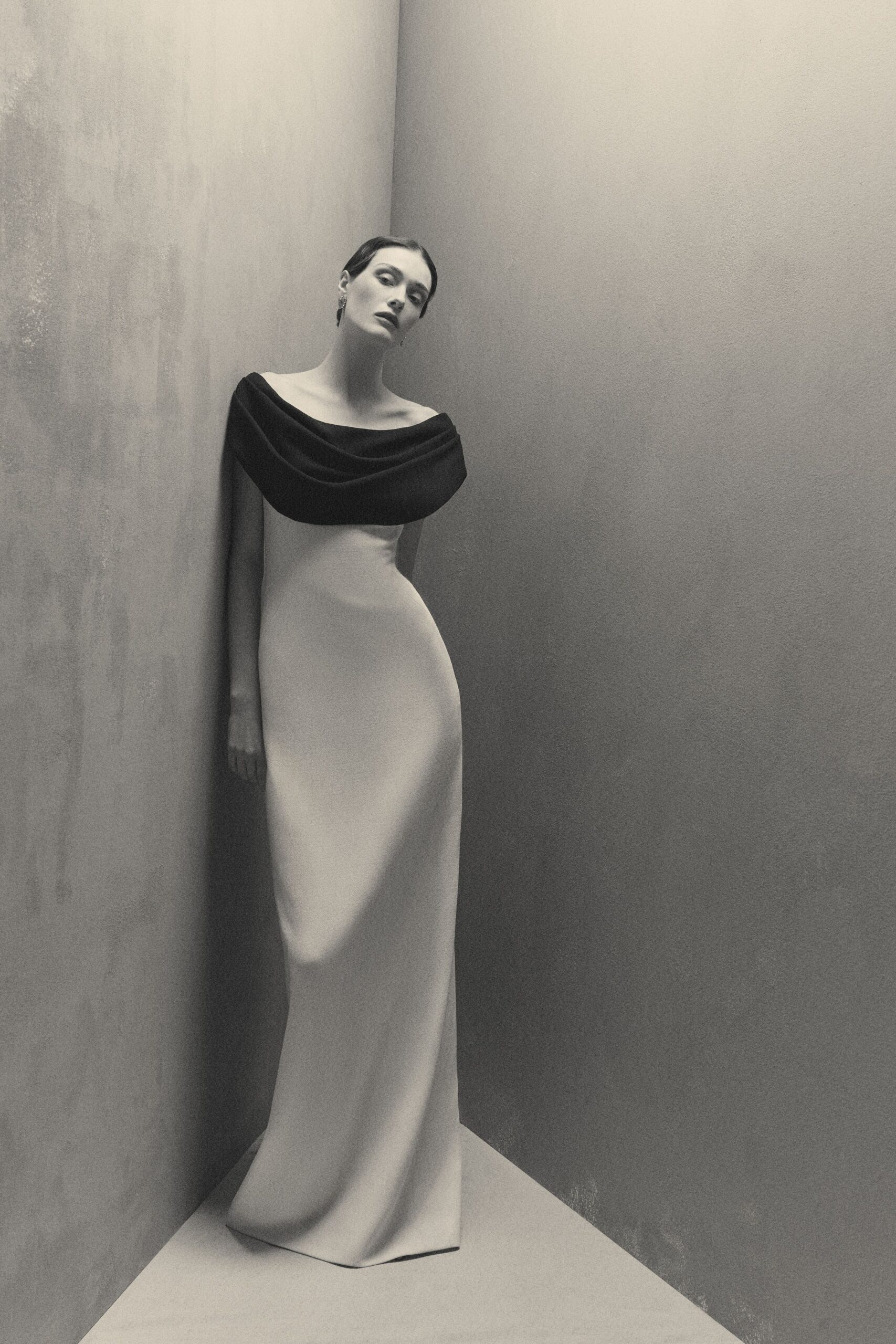 black and white off-shoulder gown