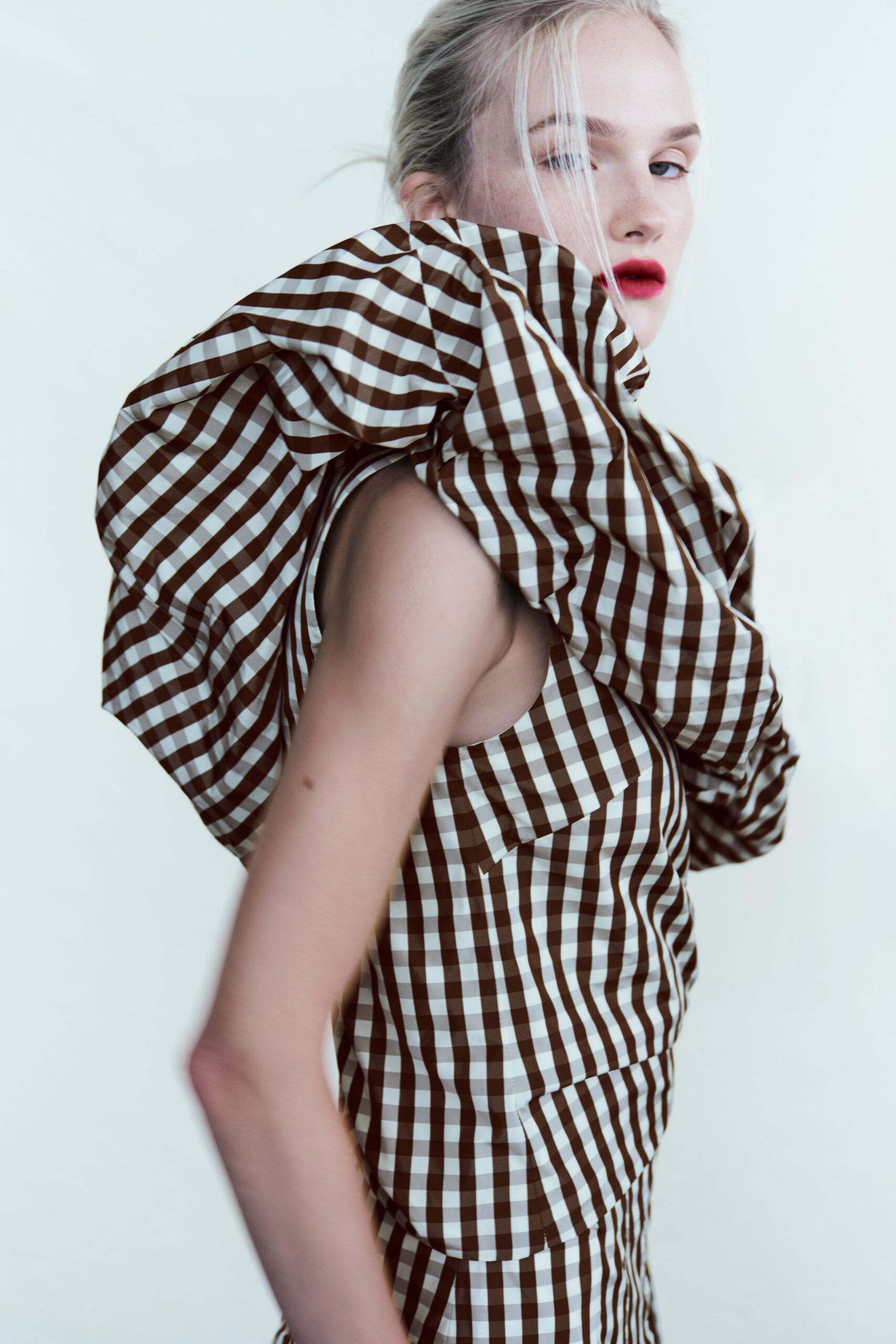 brown and white checked dress