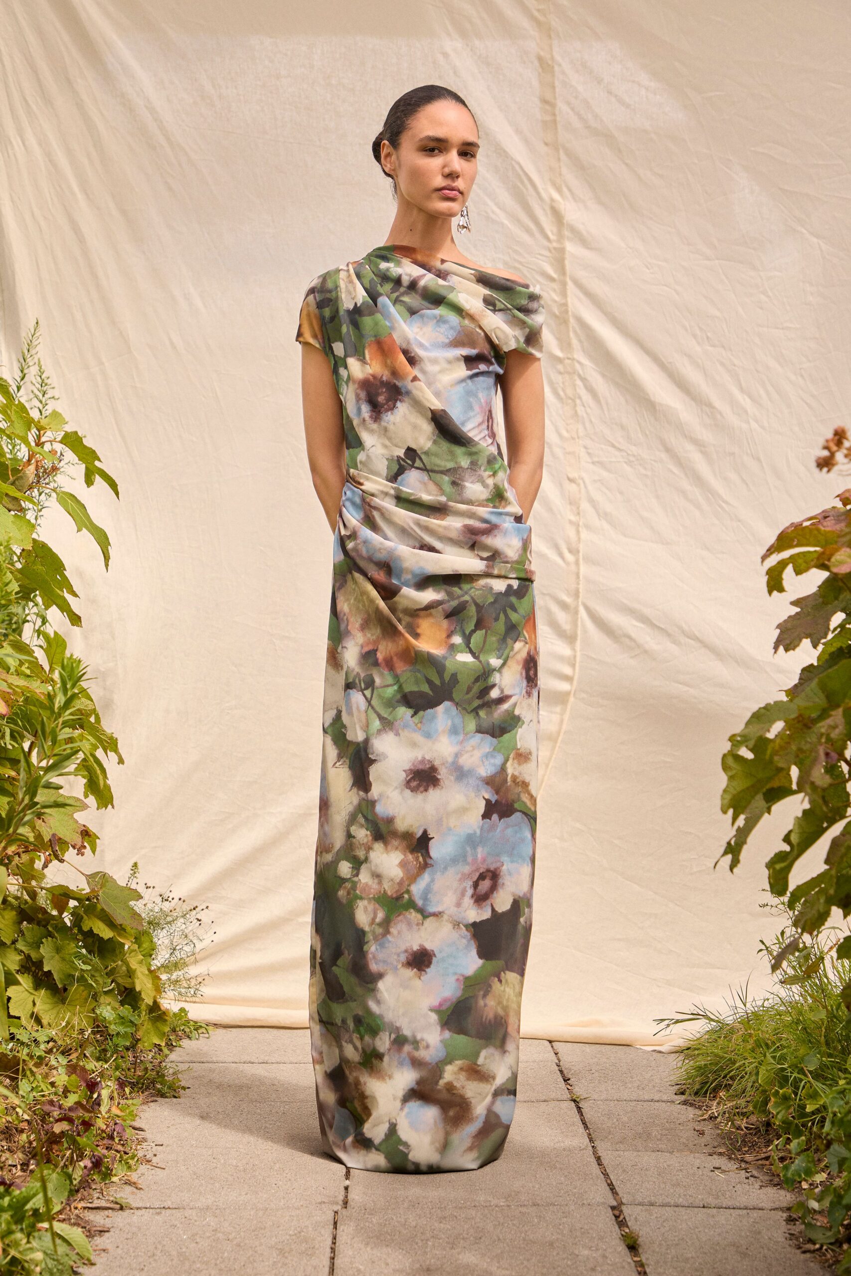 floral silk fitted gown
