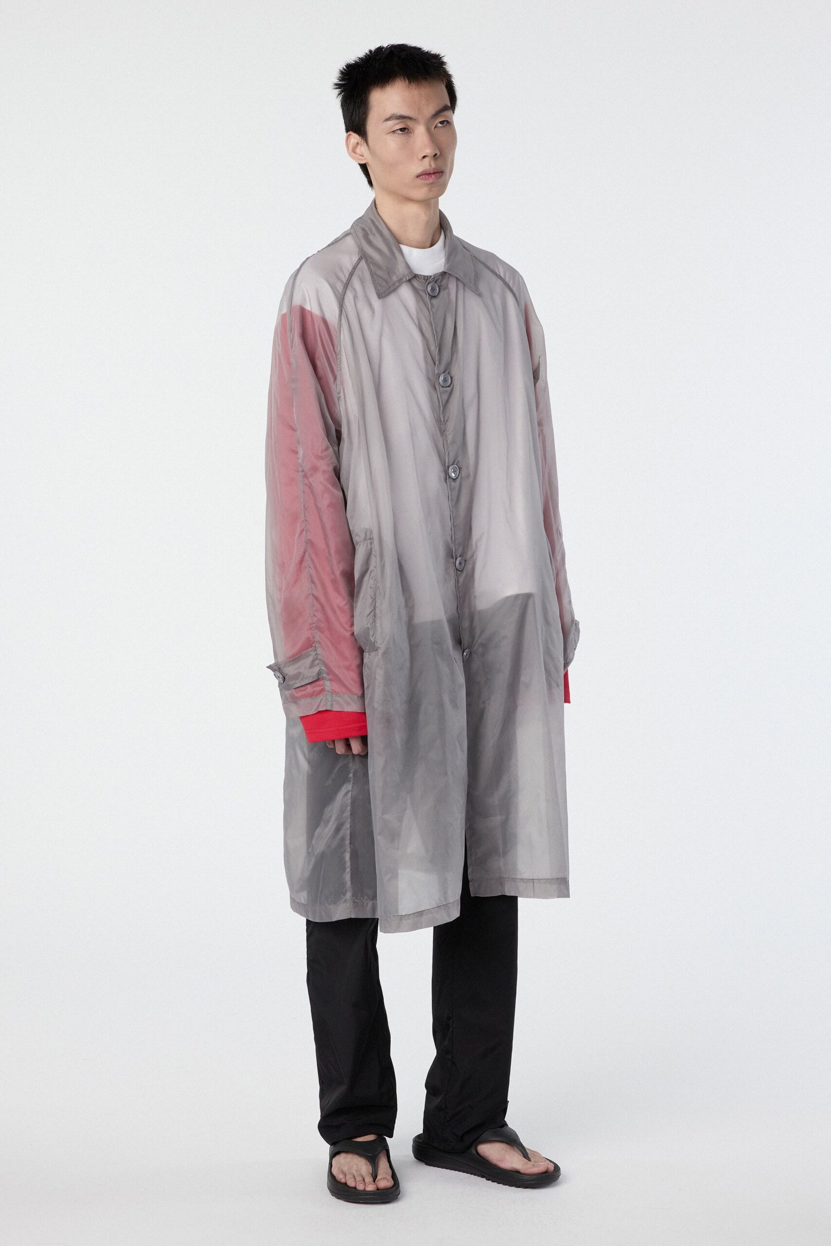 gray vinyl long-sleeve collared oversized buttoned shiny coat