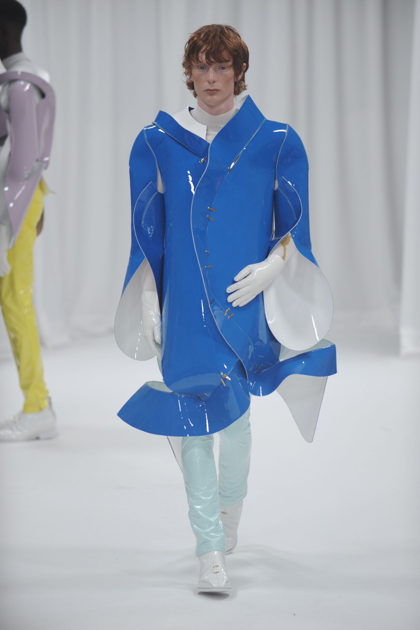blue vinyl long-sleeve collared structured zippered shiny cape